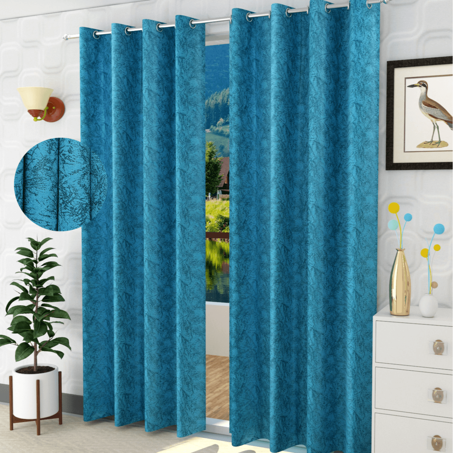 Handtex Home texture print blue Velvet Set of 2 Door Curtain 4ft x 7ft