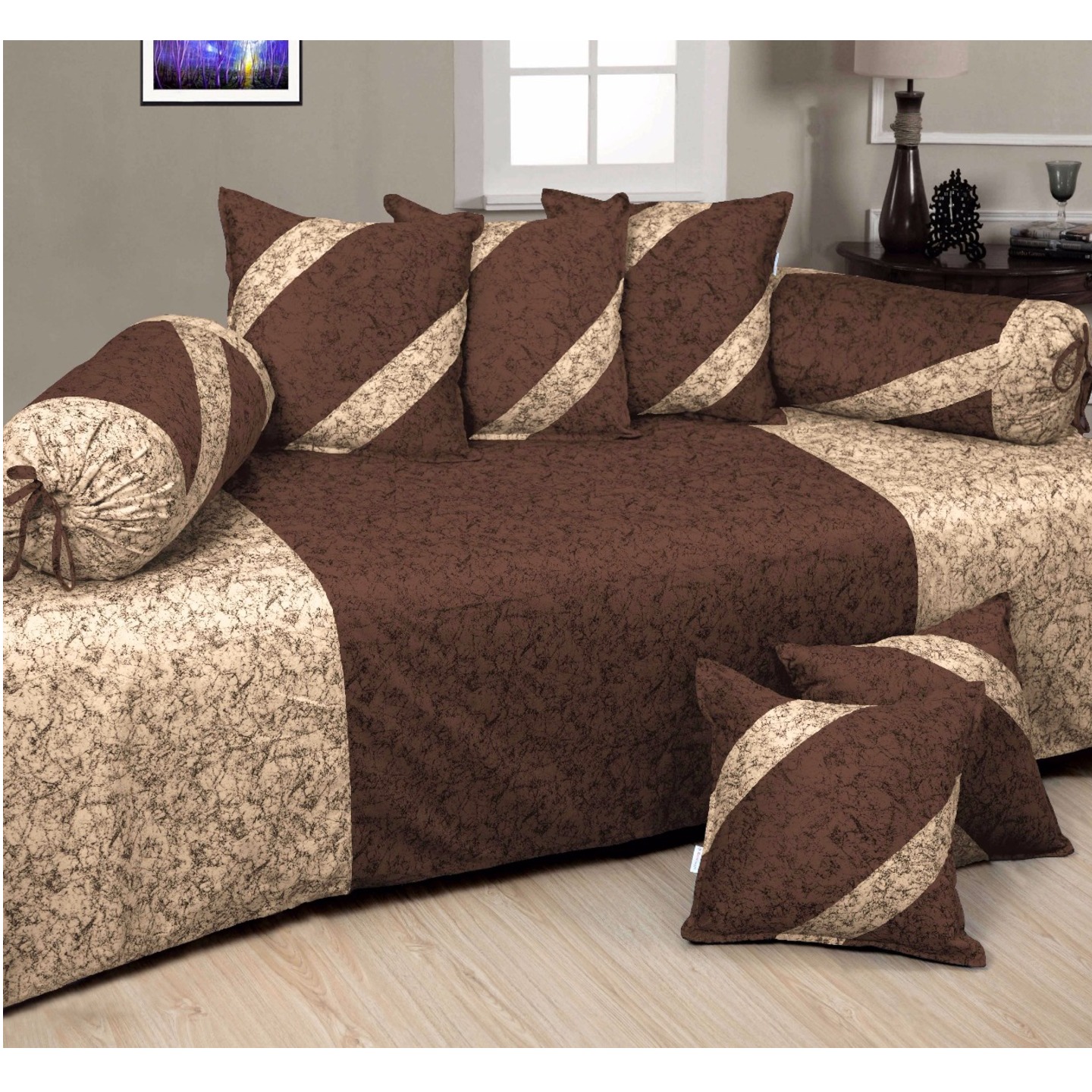HandTex Home Presents Velvet Coffee & Gold Color Diwan Set with 1 Single Bedsheet with 5 Cushion Covers & 2 Blosters Set of 8 pcs