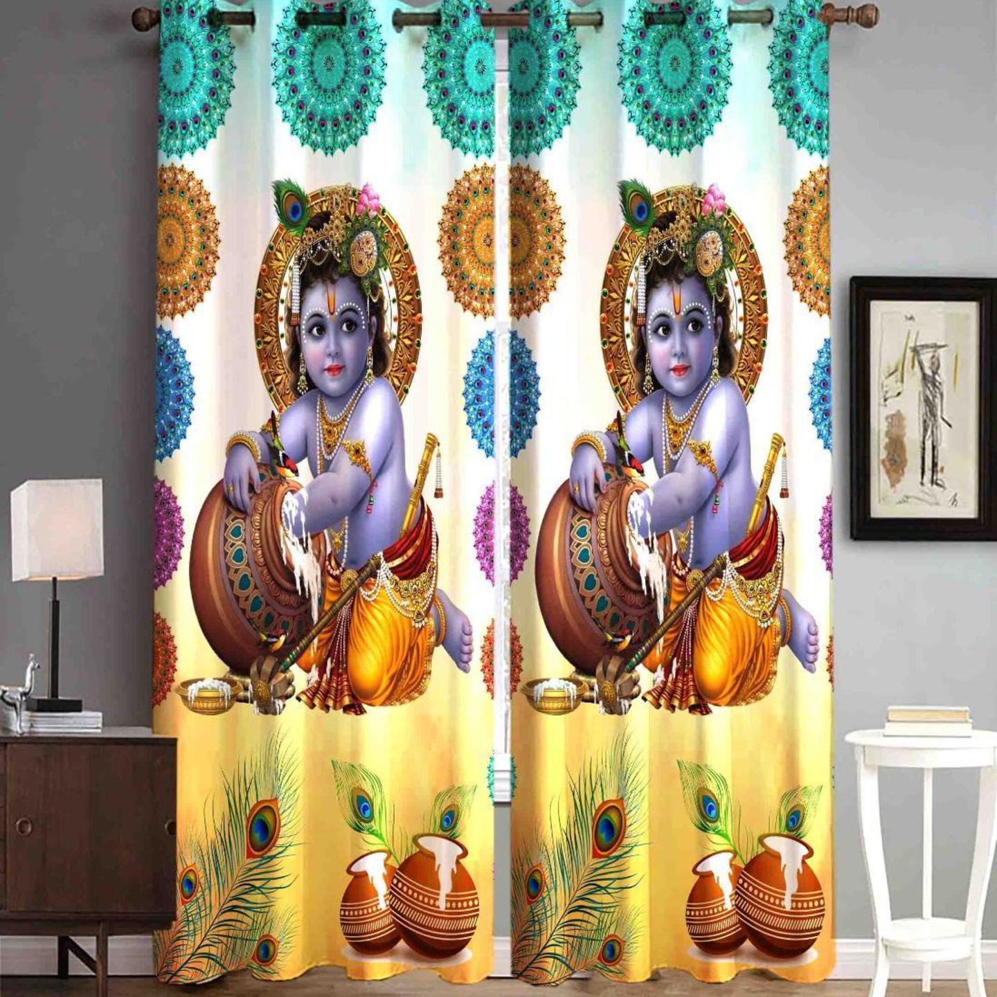 Handtex Home Digital Printed Curtain 3D Themed Polyester Curtains for Home Decor  Eyelet Grommet Panels for Living Room Balcony Bedroom, 4 x 7 Feet,Set of 2pcs Krishna Ji