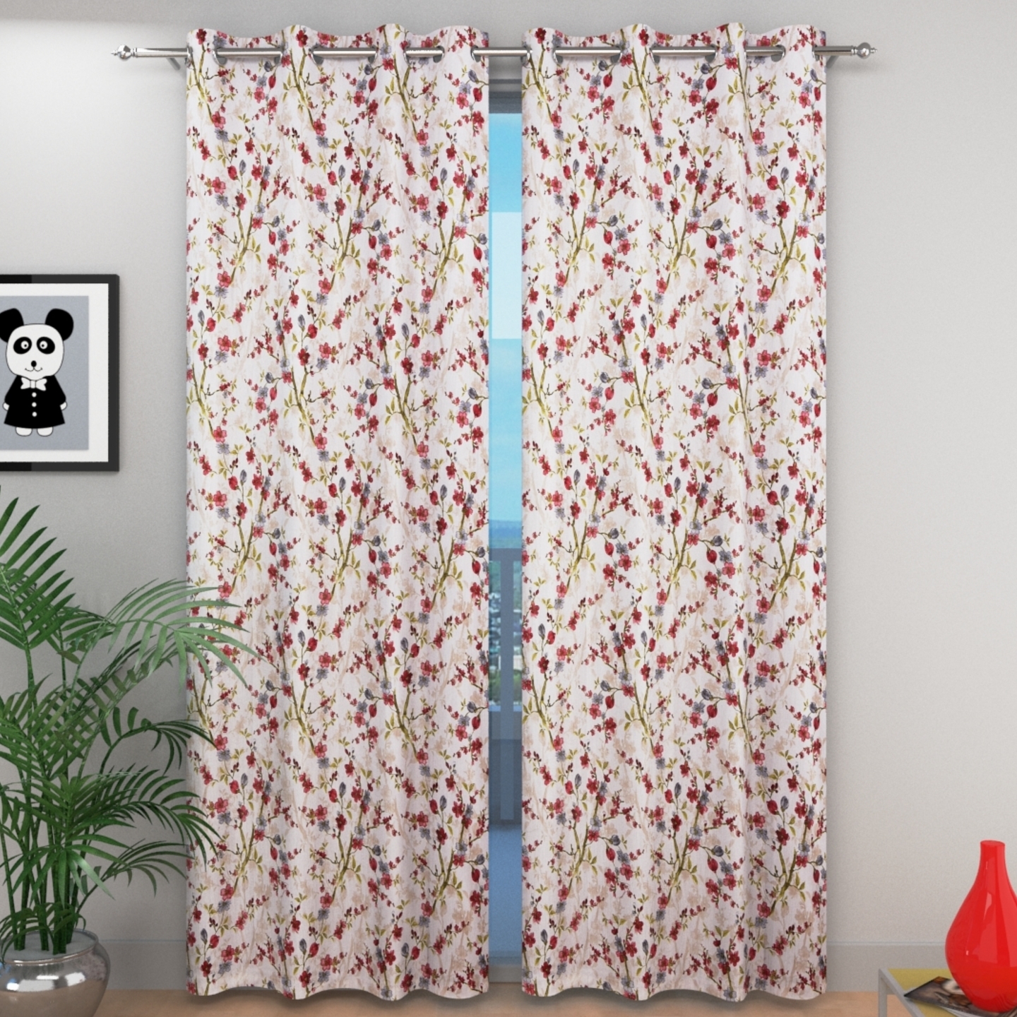 Handtex Home Heavy Polyester Leaf Patti Digital Print Eyelet Curtain Set of 2 Pc 4x7 feet Maroon
