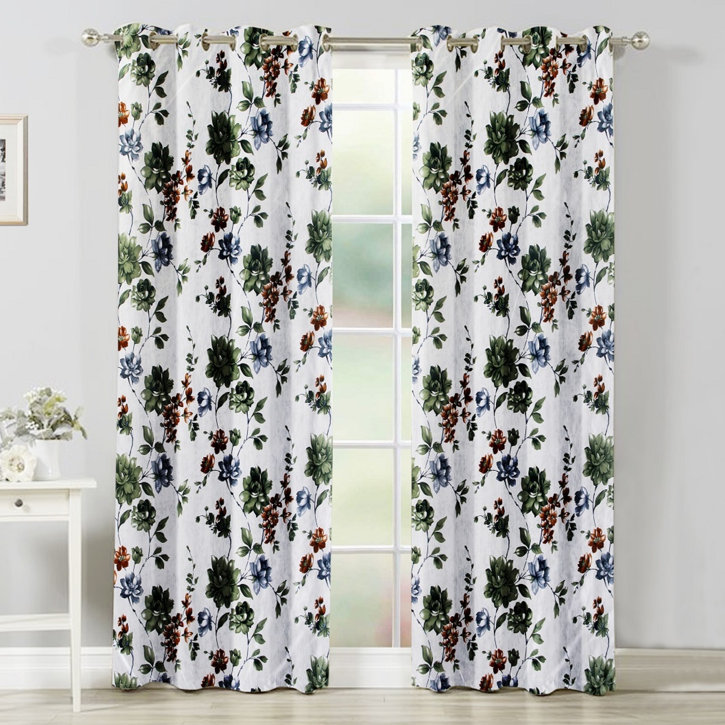 Handtex Home Floral Design Door Curtains 4x7 feet Set of 2 pcs Green