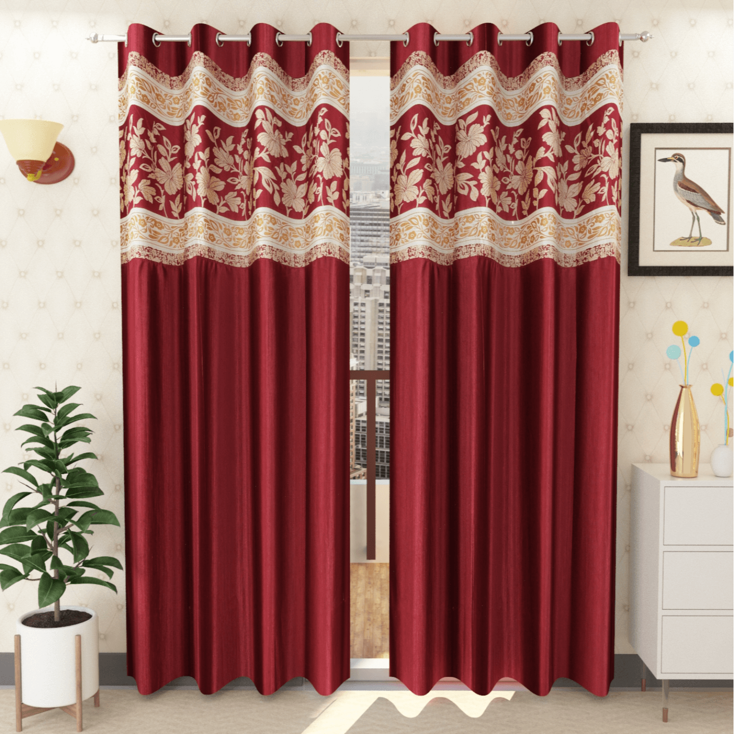 Handtex Home Patchwork curtain for door 7 feet set of 2pc Maroon color