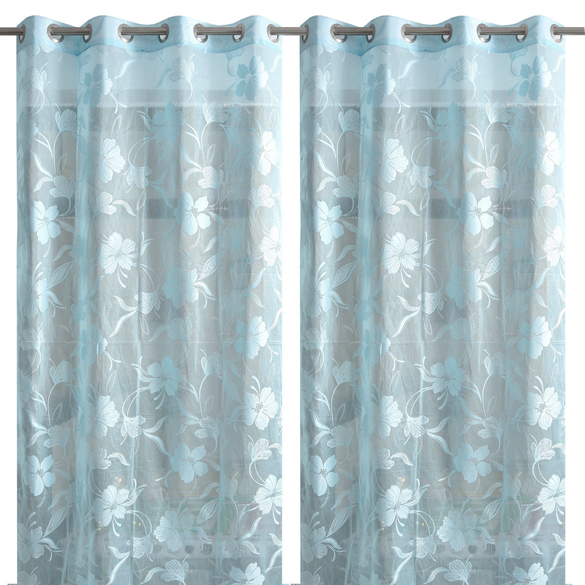 HANDTEX HOME Sheer Blue Net Curtains With Beautiful Embroidered Floral Designs for Door 4ft x 7ft Set of 2 SP04