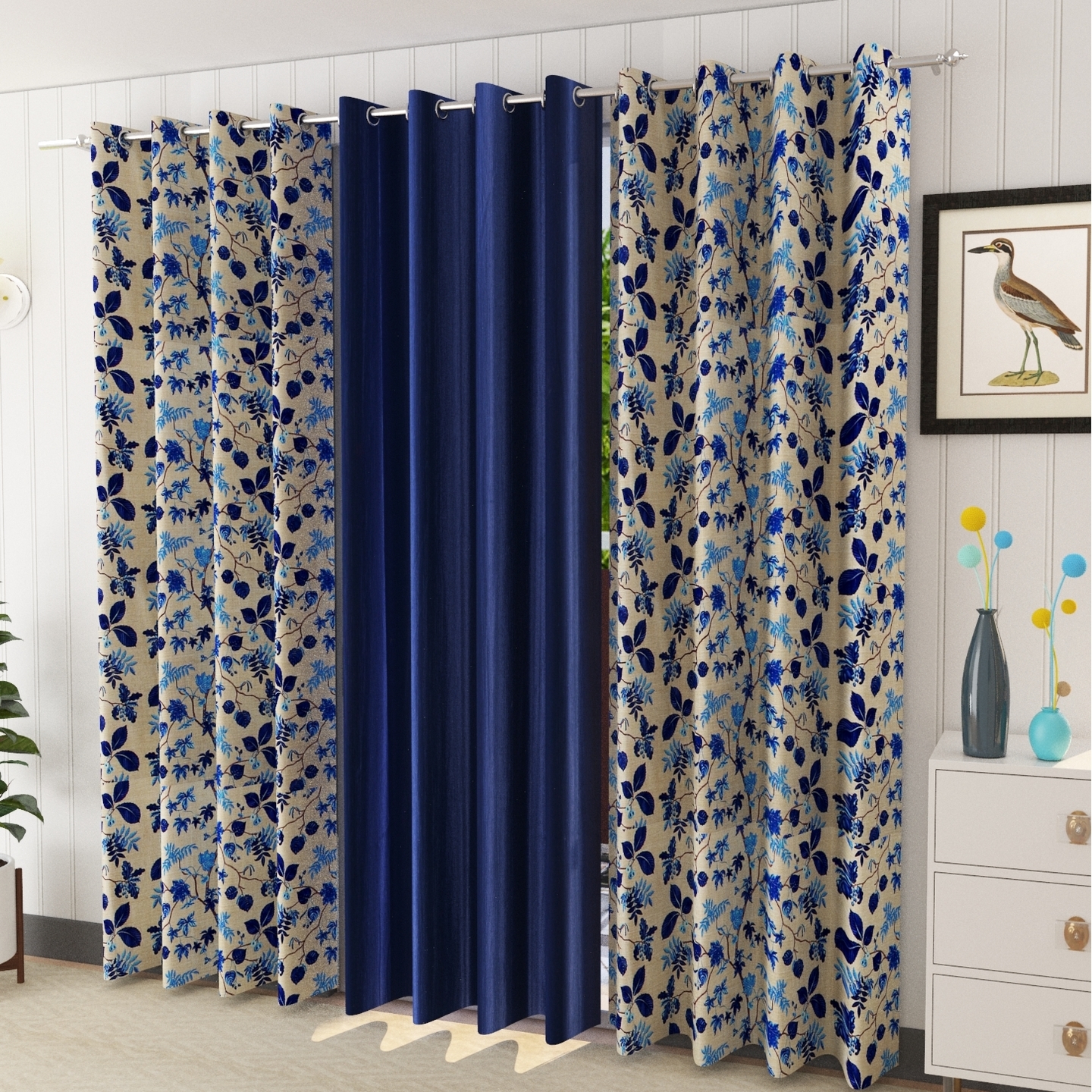 Handtex Home Plain Solid and Floral 3D Digital Printed Heavy Long Crush Polyester Fabric Eyelets Curtains , Combo of 3 , for Living Room & Bedroom ( Set of 3 ) (Blue, 4 FEET X 7 FEET