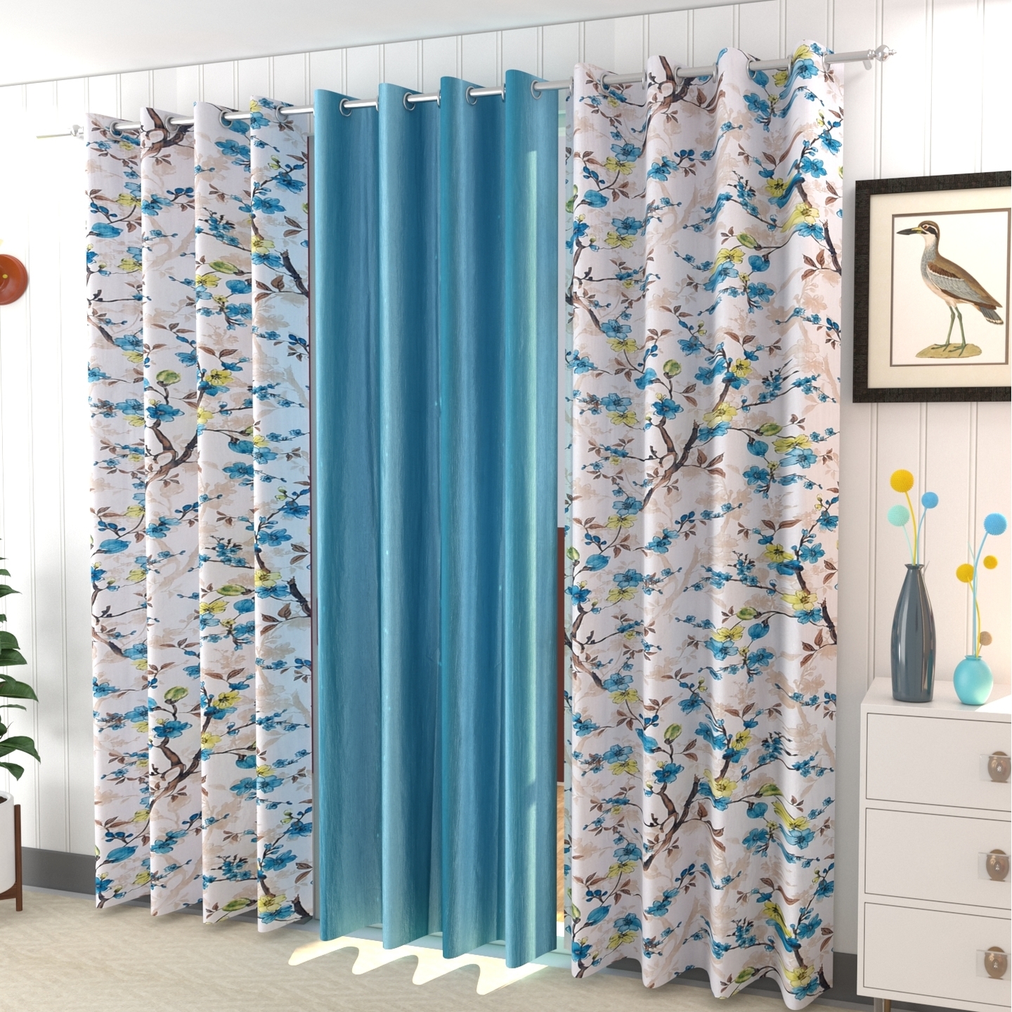 Handtex Home Polyester Digital Print Eyelet Curtain Set of 3 Pcs 4feet x 7feet Aqua