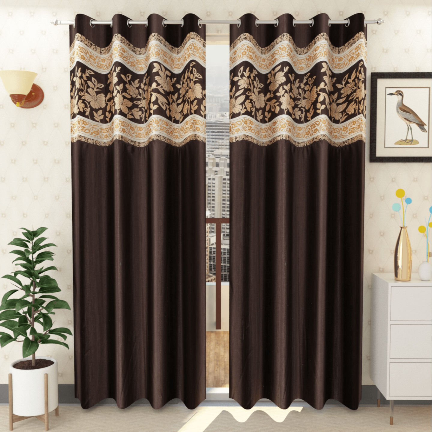 Handtex Home Patchwork curtain for door 9 feet set of 2pc Coffee color