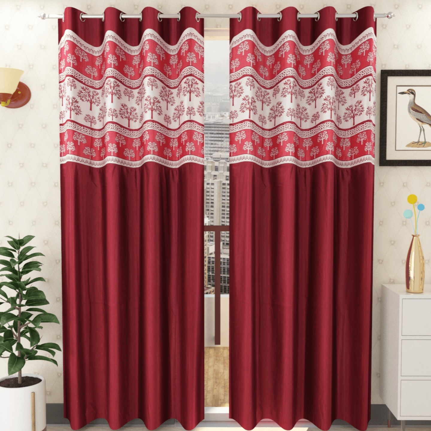 Handtex Home Tree design Patchwork curtain for door 9 feet set of 2pc Maroon color