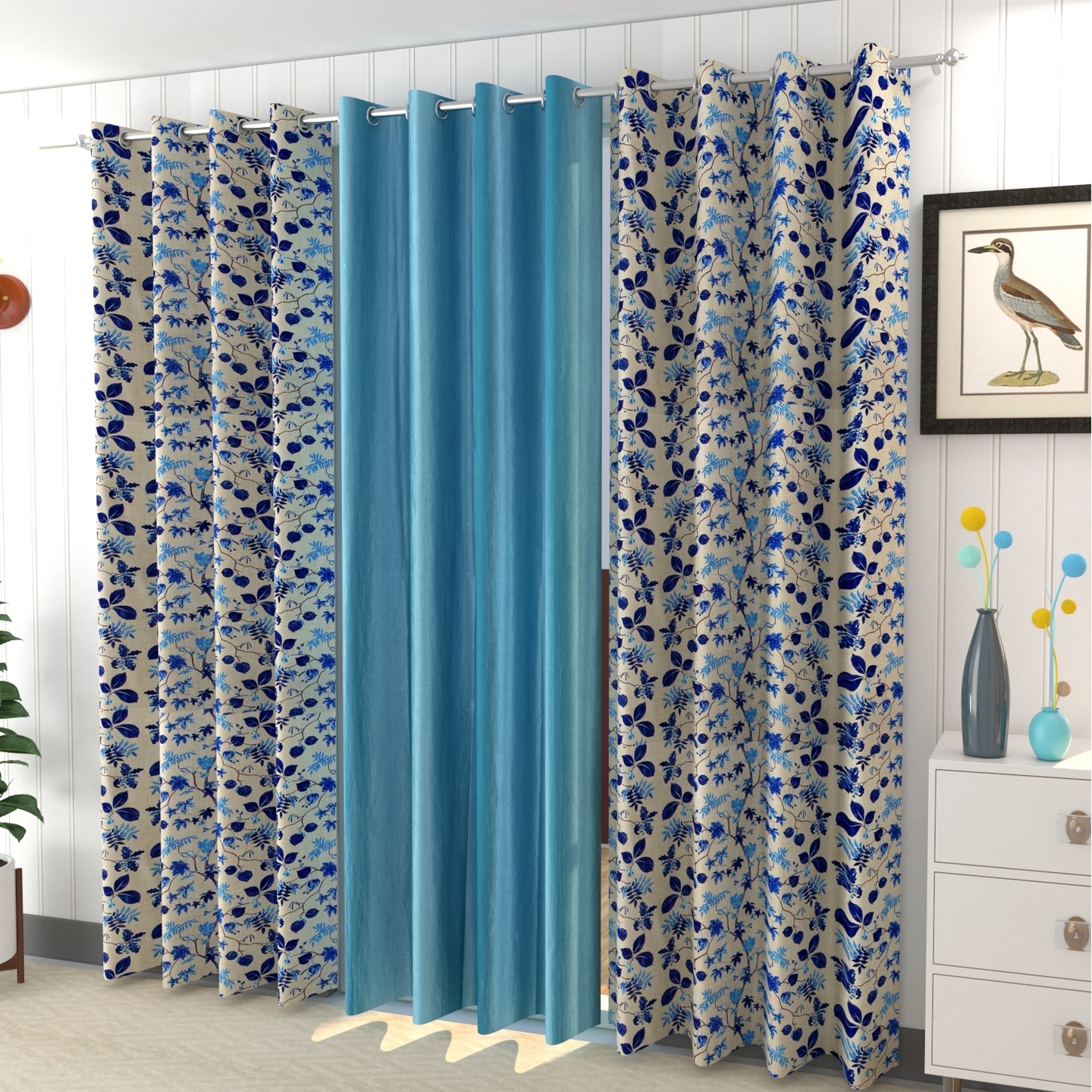 Handtex Home Plain Solid and Leaf Design Digital Printed Heavy Long Crush Polyester Fabric Eyelets Curtains , Combo of 3 , for Living Room & Bedroom  Set of 3  Aqua, 4 FEET X 9 FEET