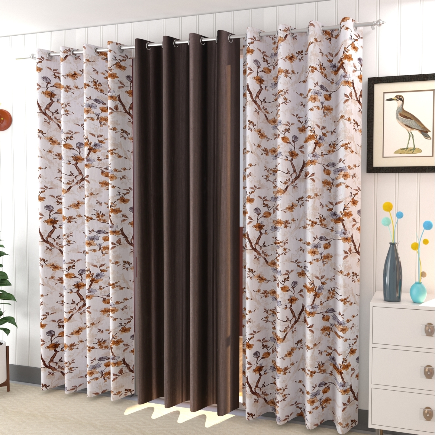 Handtex Home Polyester Digital Print Eyelet Curtain Set of 3 Pcs 4feet x 9feet Coffee