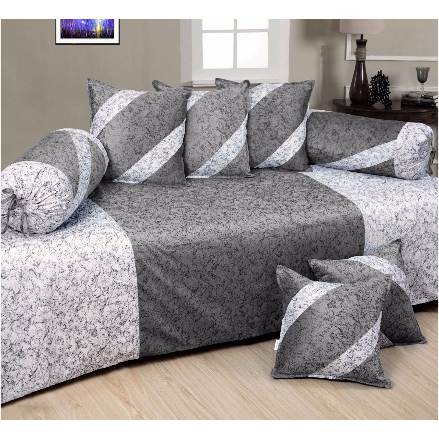 HandTex Home Presents Velvet Grey & White Color Diwan Set with 1 Single Bedsheet with 5 Cushion Covers & 2 Blosters Set of 8 pcs