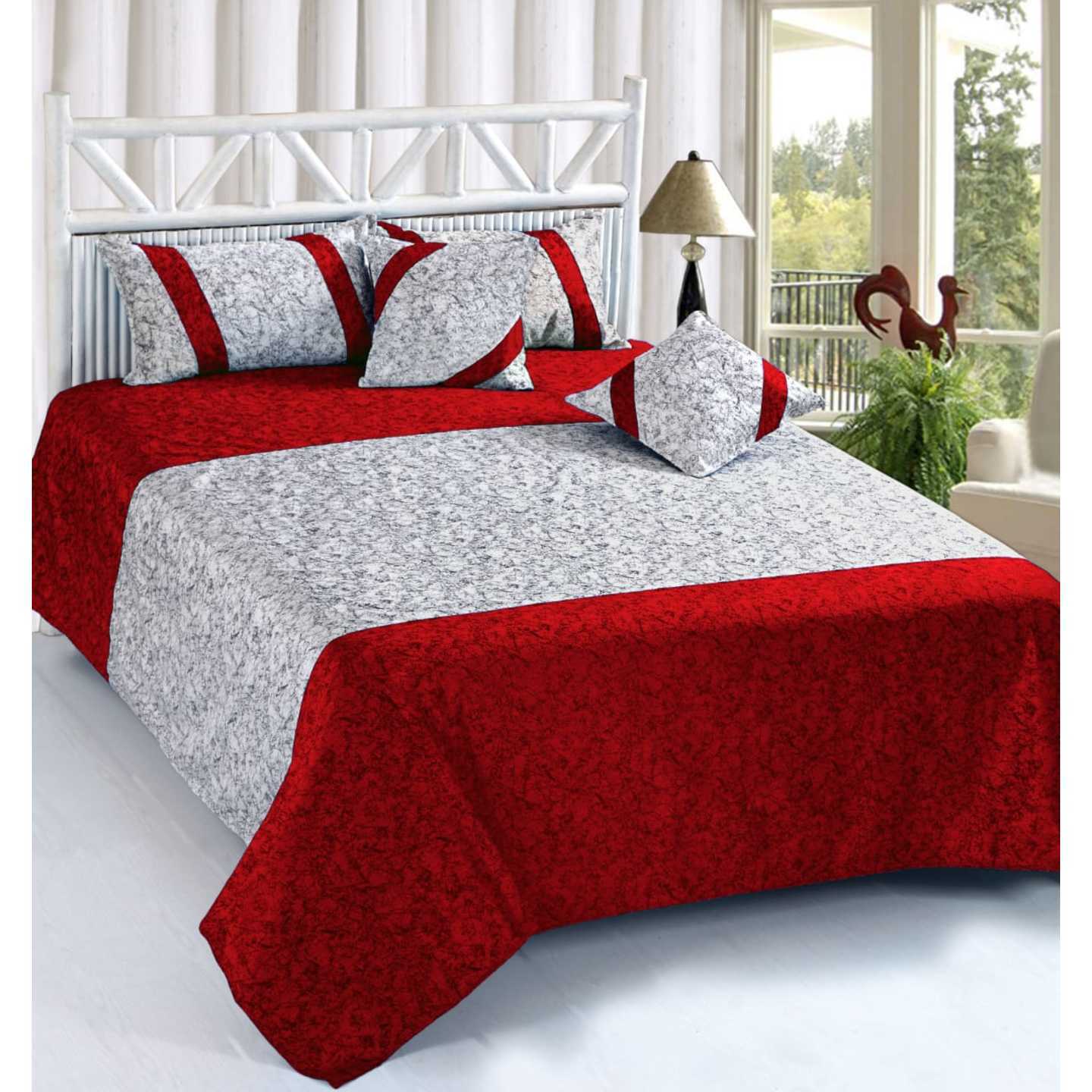 Handtex Home Red White Texture Print Velvet Double Bedsheet,2 cushion cover and 2 pillow cover