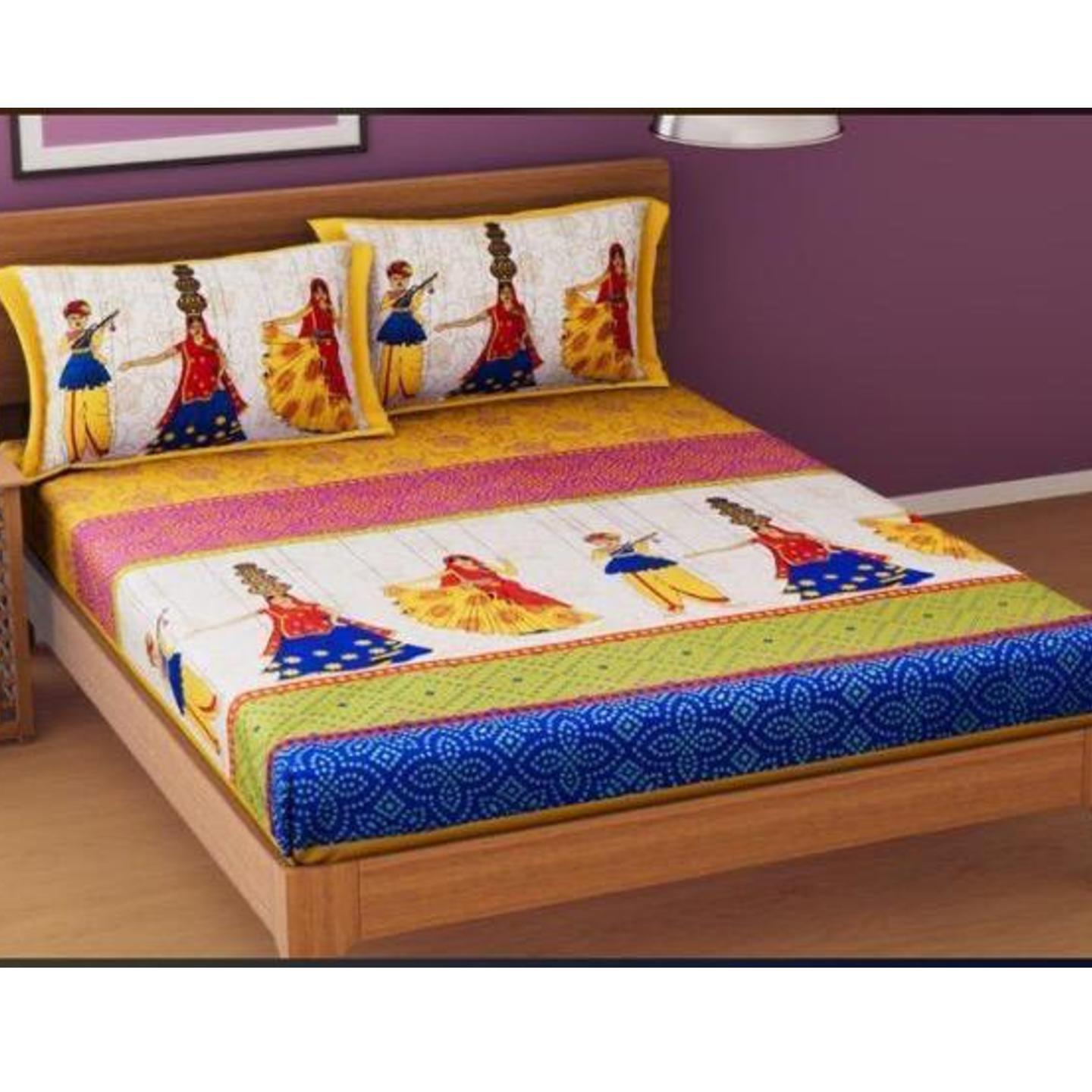 Handtex Home Cotton Rajasthani Jaipuri Traditional Printed Double Bed Bedsheet with 2 Pillow Covers