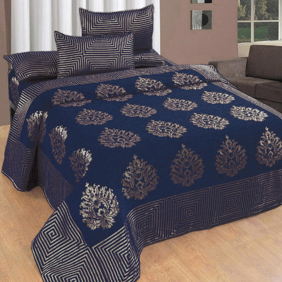Hand Tex Multicolor Chenile King Size Double Bedsheet With Two Pillow Covers