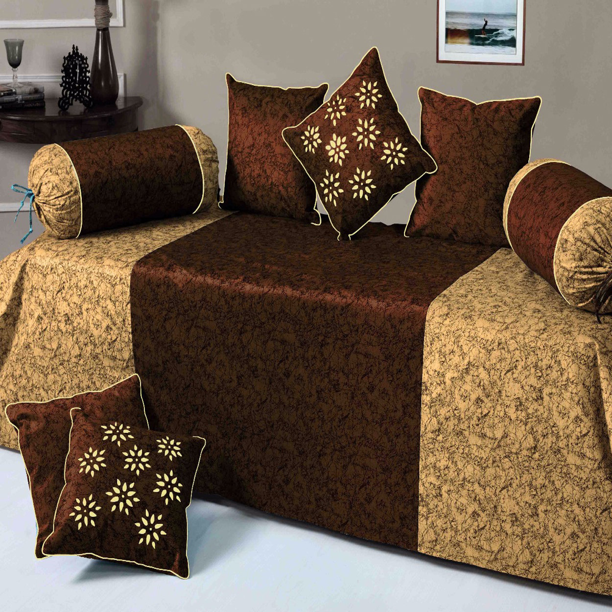 HandTex Home Coffee & Brown Color Designer Velvet Diwan set 1 Single Bedsheet With 5 Cushion Covers and 2 Blosters Covers