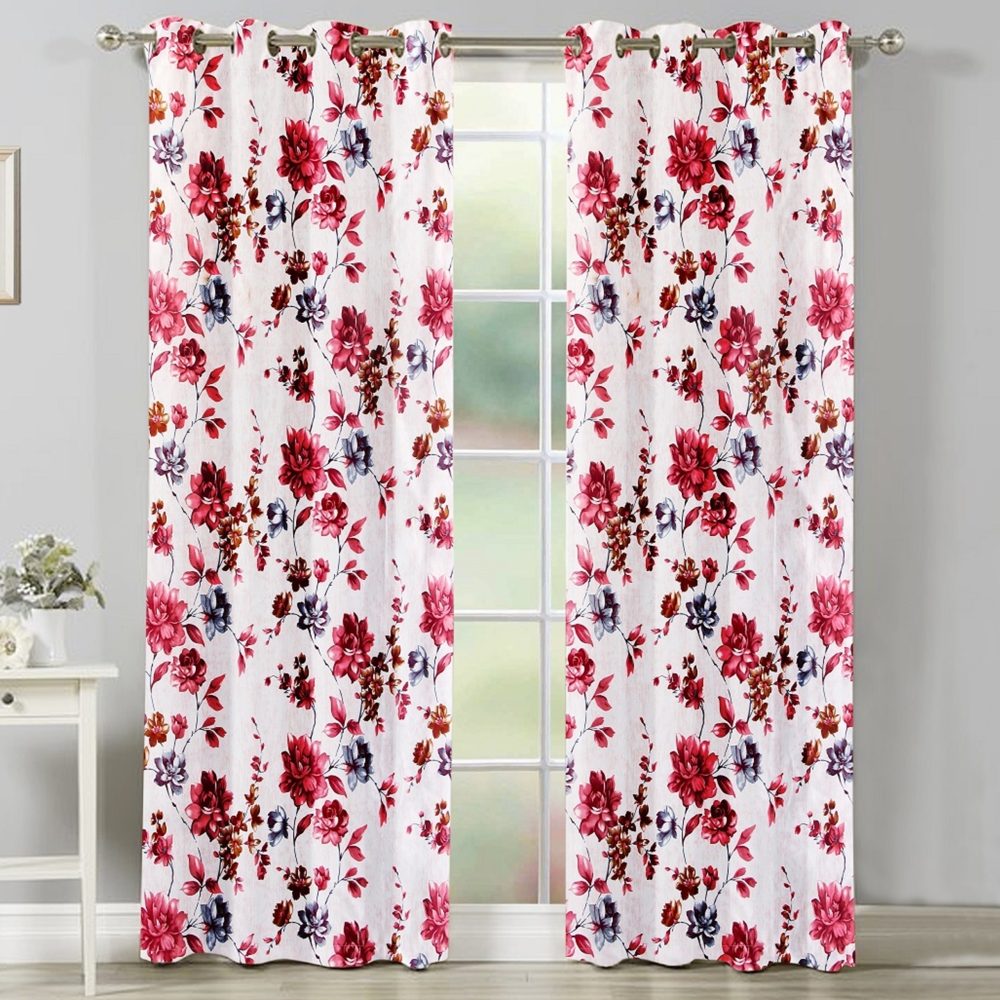 Handtex Home Floral Design Door Curtains 4x9 feet Set of 2 pcs Maroon
