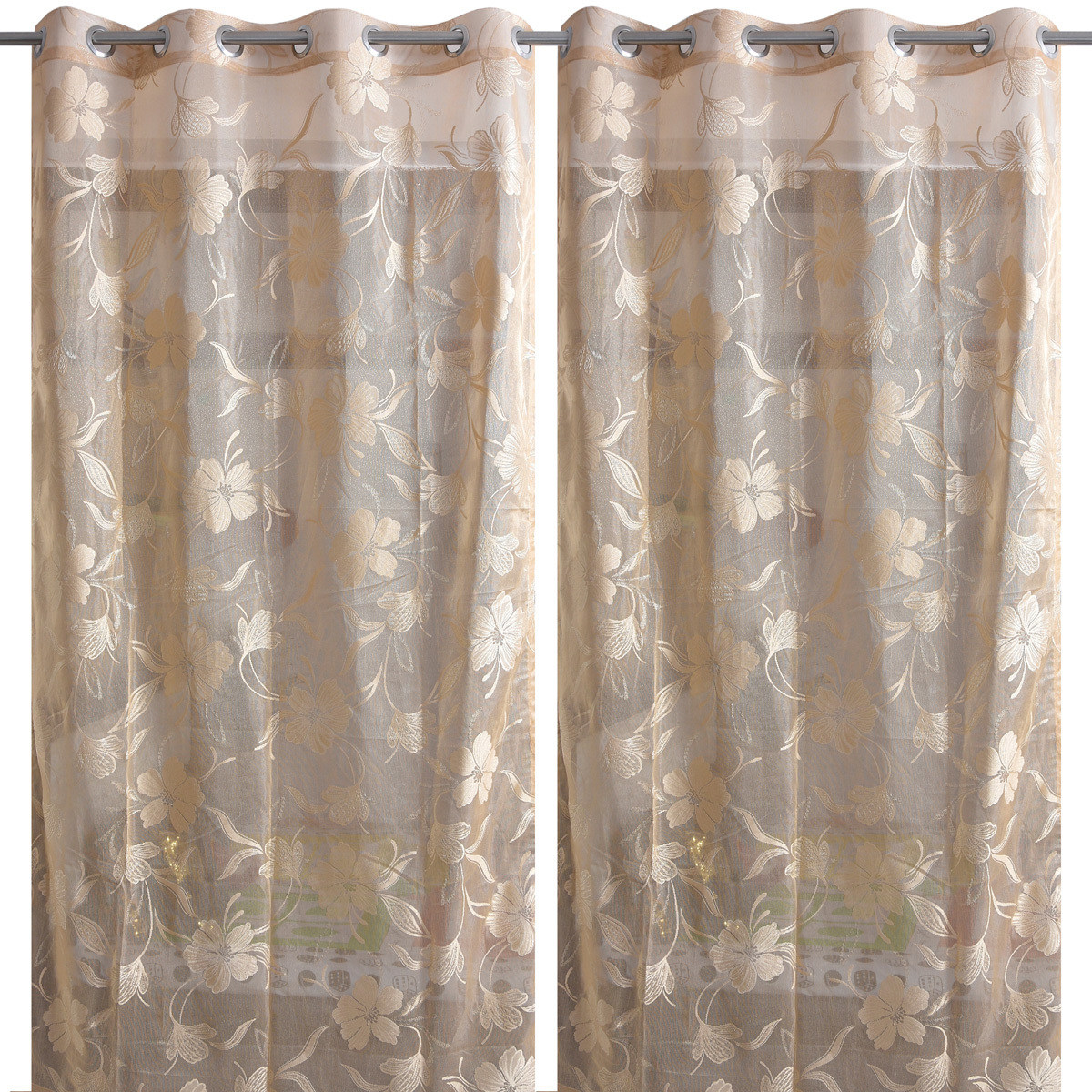 HANDTEX HOME Sheer Brown Net Curtains With Beautiful Embroidered Floral Designs for Door 4ft x 7ft Set of 2 SP02