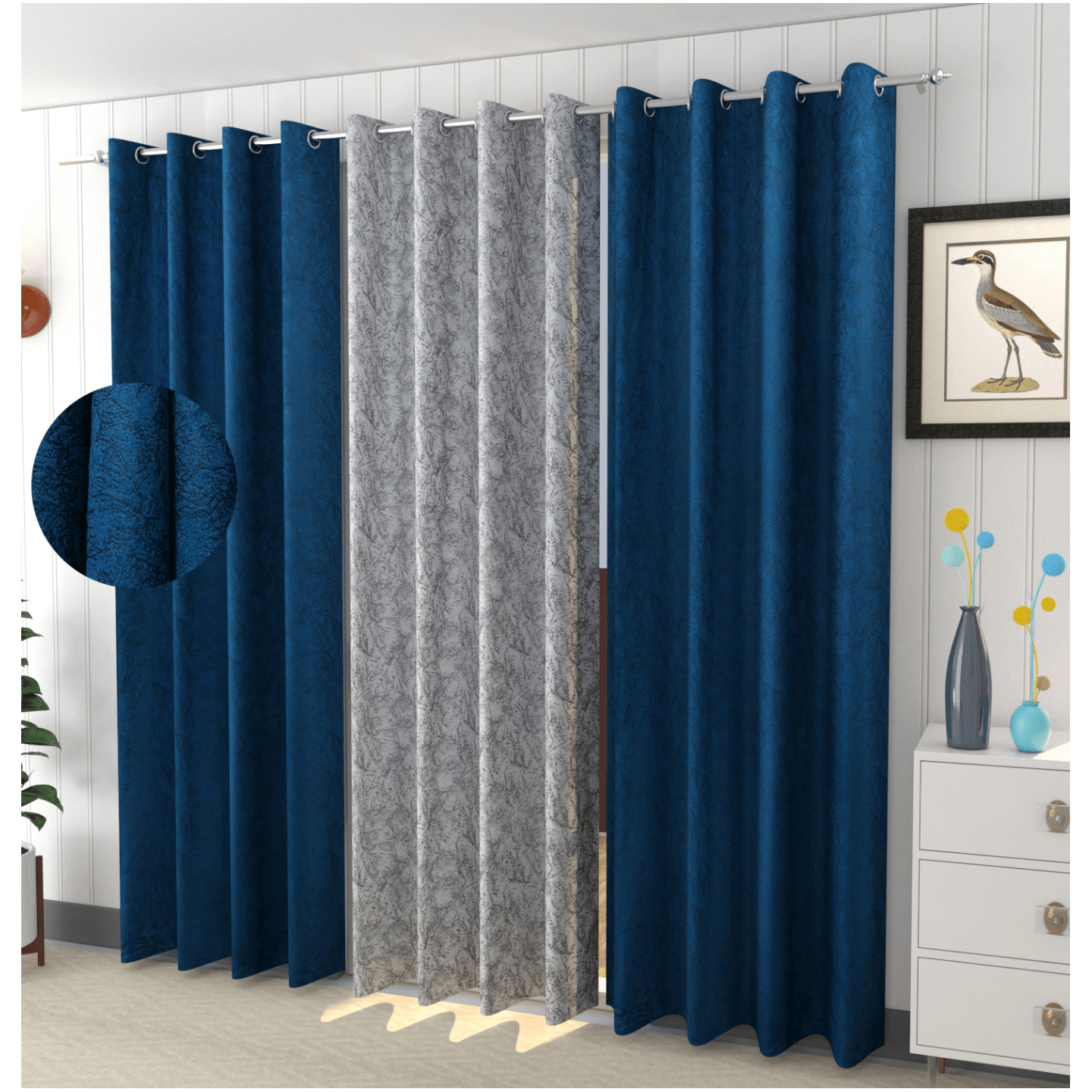 Handtex Home texture print 2pc Blue 1pc white Velvet Set of 3 Door Curtain 4 feet x 7 feet