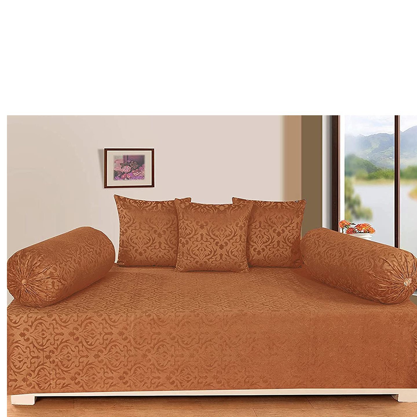 Handtex Home Premium Velvet Diwan Set of 6 Pieces -1 BedSheet, 2pc Bolster Cover with Dori and 3pc Cushion Covers Camel Colour-6Pc Set