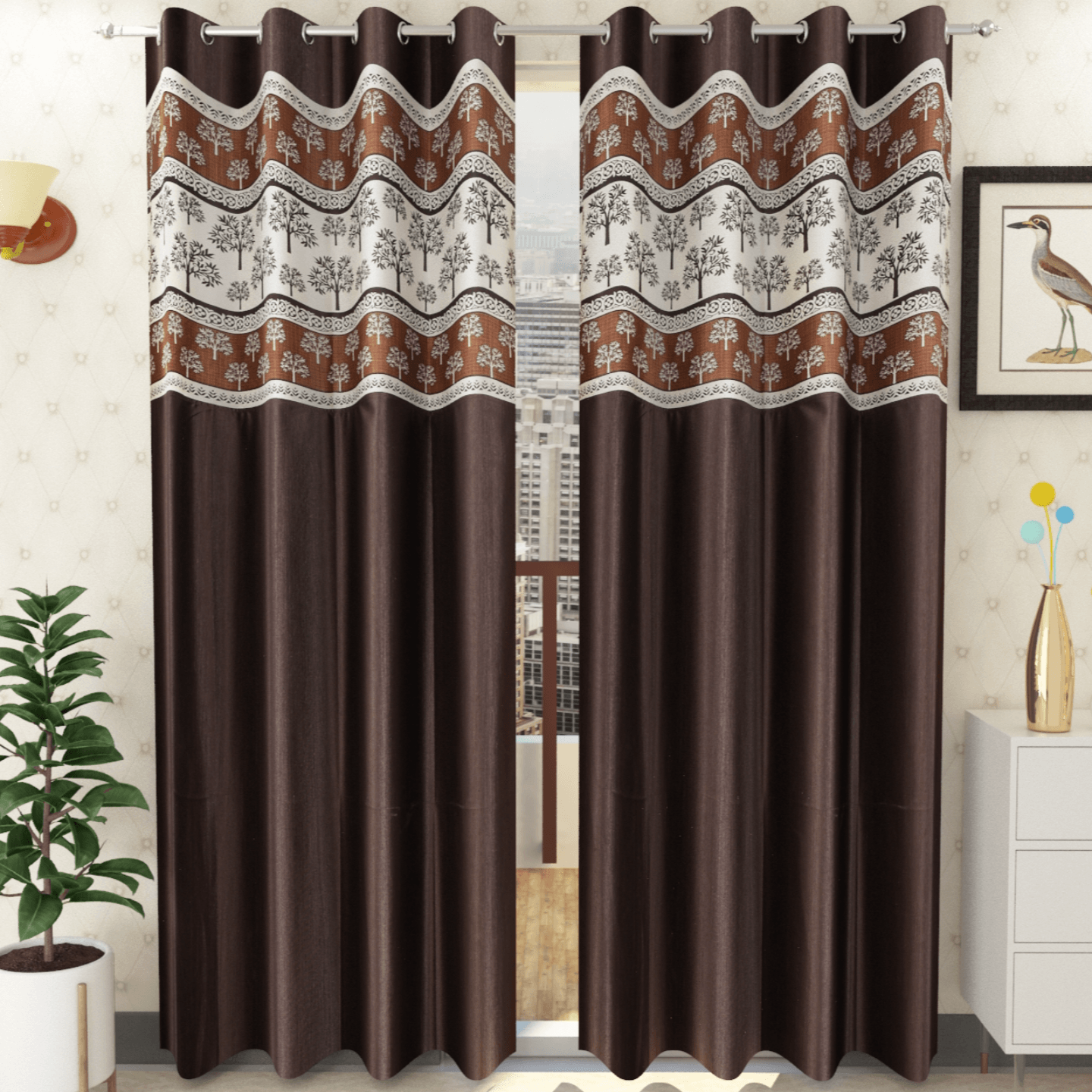 Handtex Home Tree design Patchwork curtain for door 7 feet set of 2pc Coffee color