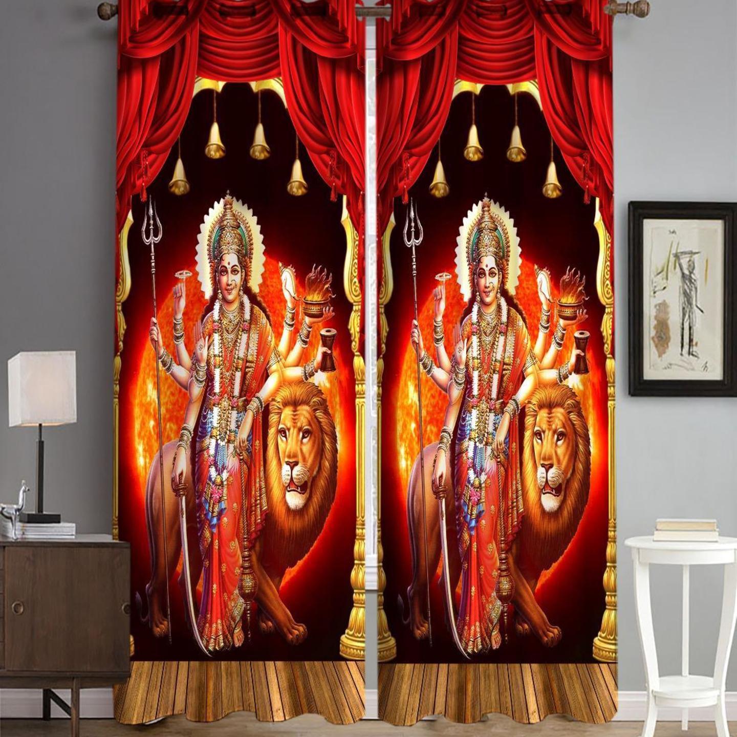 Handtex Home Polyester 3D God MATA Rani Digital Printed Curtain Solid 2 Pecs Multicolour (Door Size 4 x 9 Feet)
