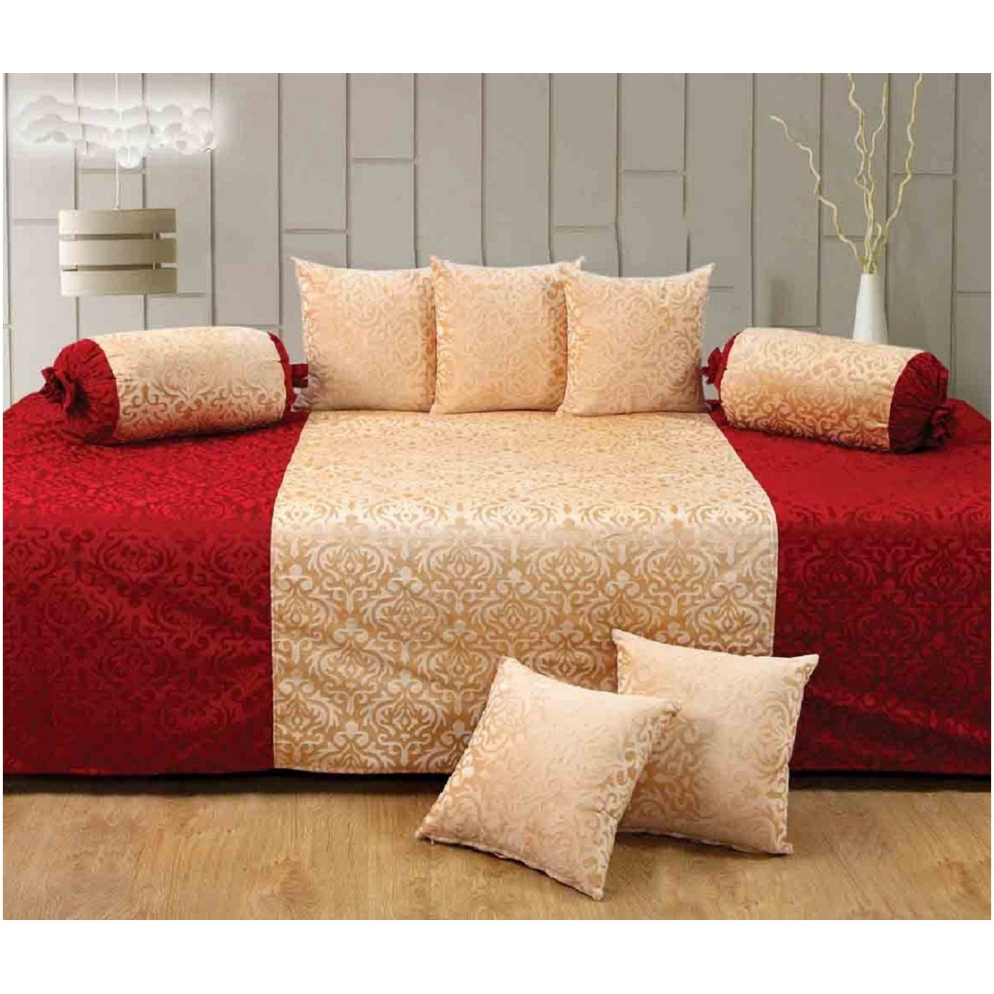 Handtex home Maroon - Beige Velvet Diwan Set(content: 1 Single Bed Sheet, 5 Cushion Cover, 2 Bolster, Total - 8 Pcs Set,)