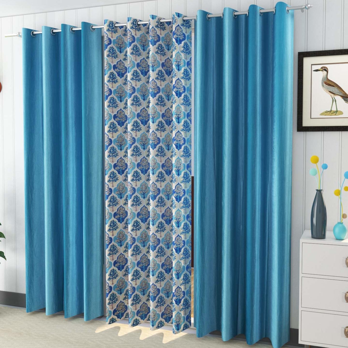 Handtex Home Curtains Polyester Tree Printed Set of 3 Pcs Aqua (1Tree+2Plain) Size for Long Door 4 Feet x 9 Feet