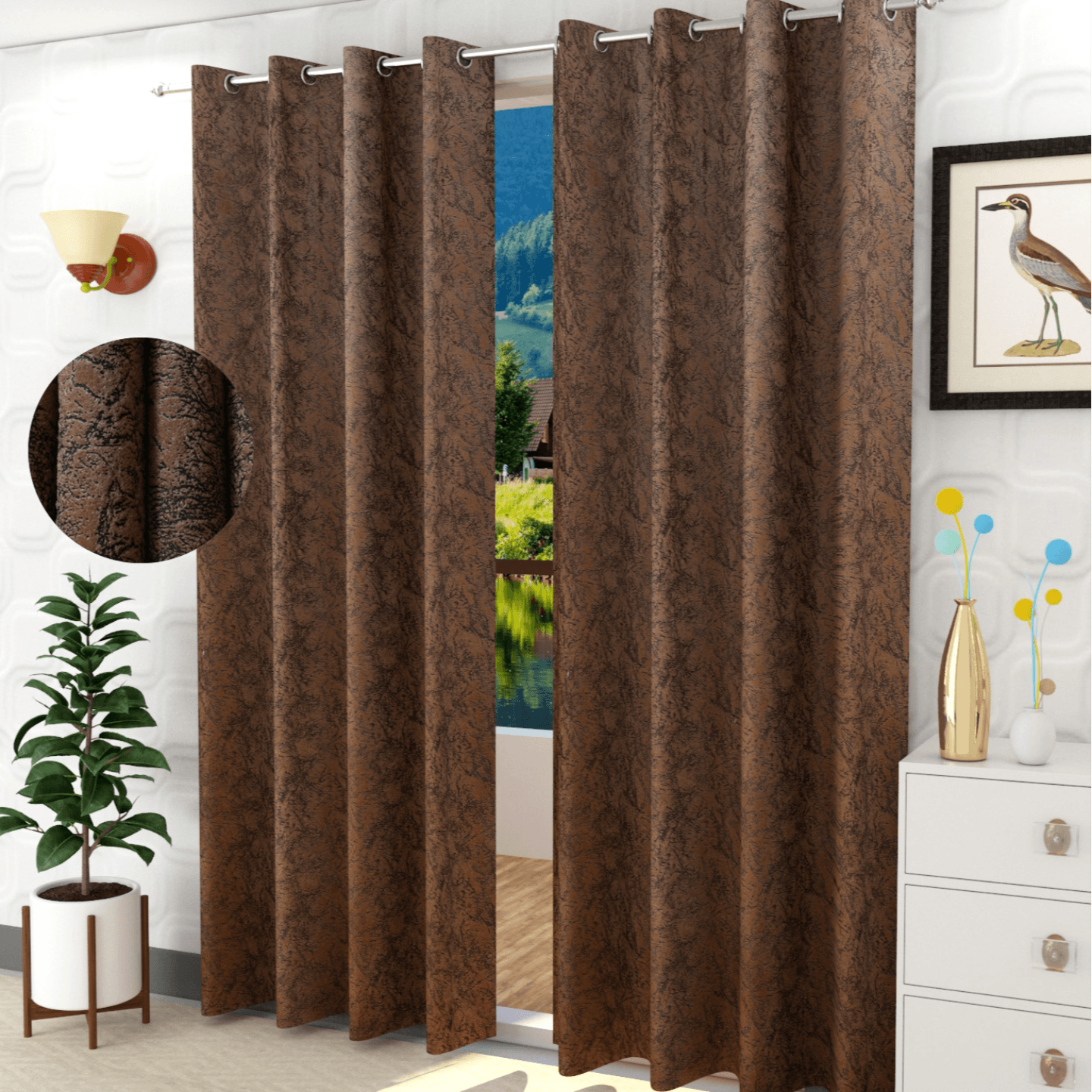 Handtex Home texture print Coffee Velvet Set of 2 Door Curtain 4ft x9ft