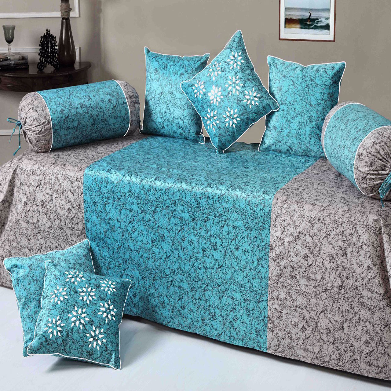 HandTex Home Blue & Grey Color Designer Velvet Diwan set 1 Single Bedsheet With 5 Cushion Covers and 2 Blosters Covers