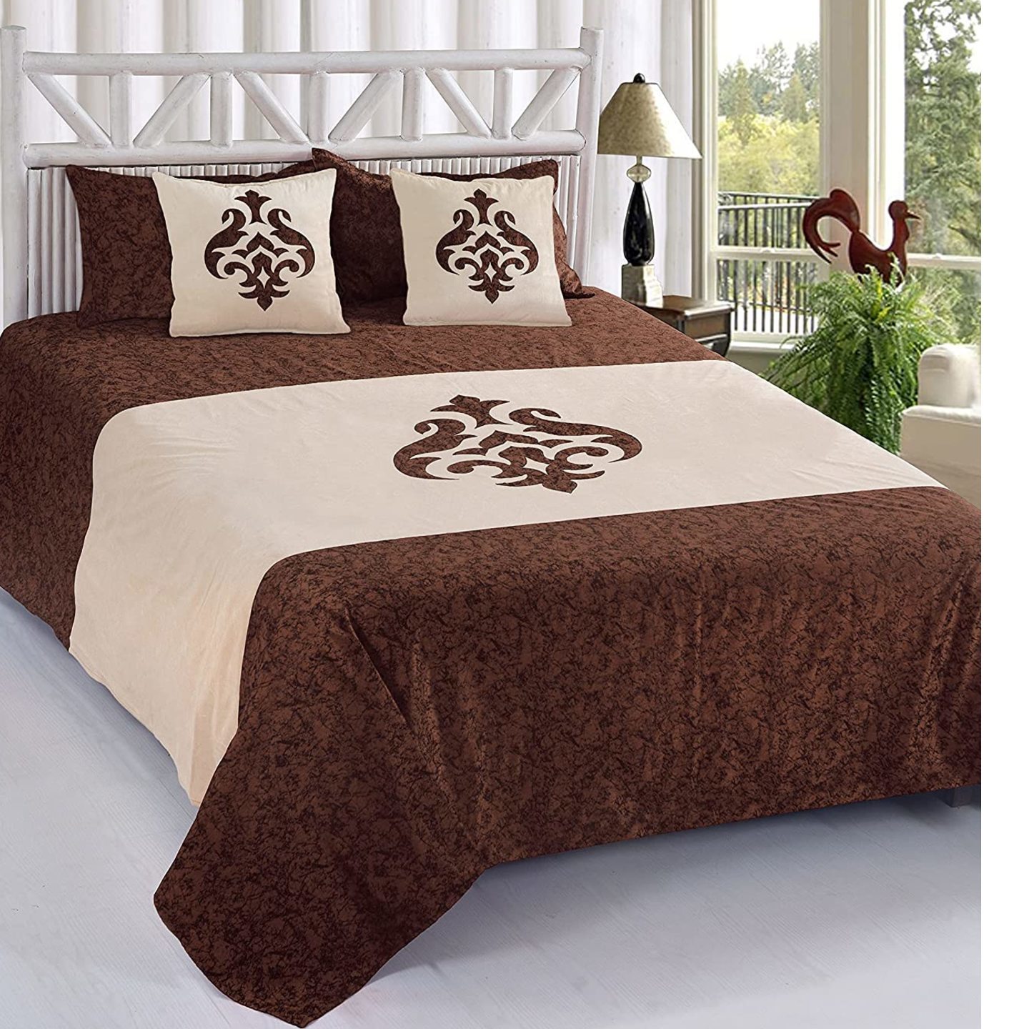 Hantex Home Double Bed Sheet with 2 Pillow Covers and 2 Cushions Covers , king Size - 90'' x 100'' (Damask Coffee)