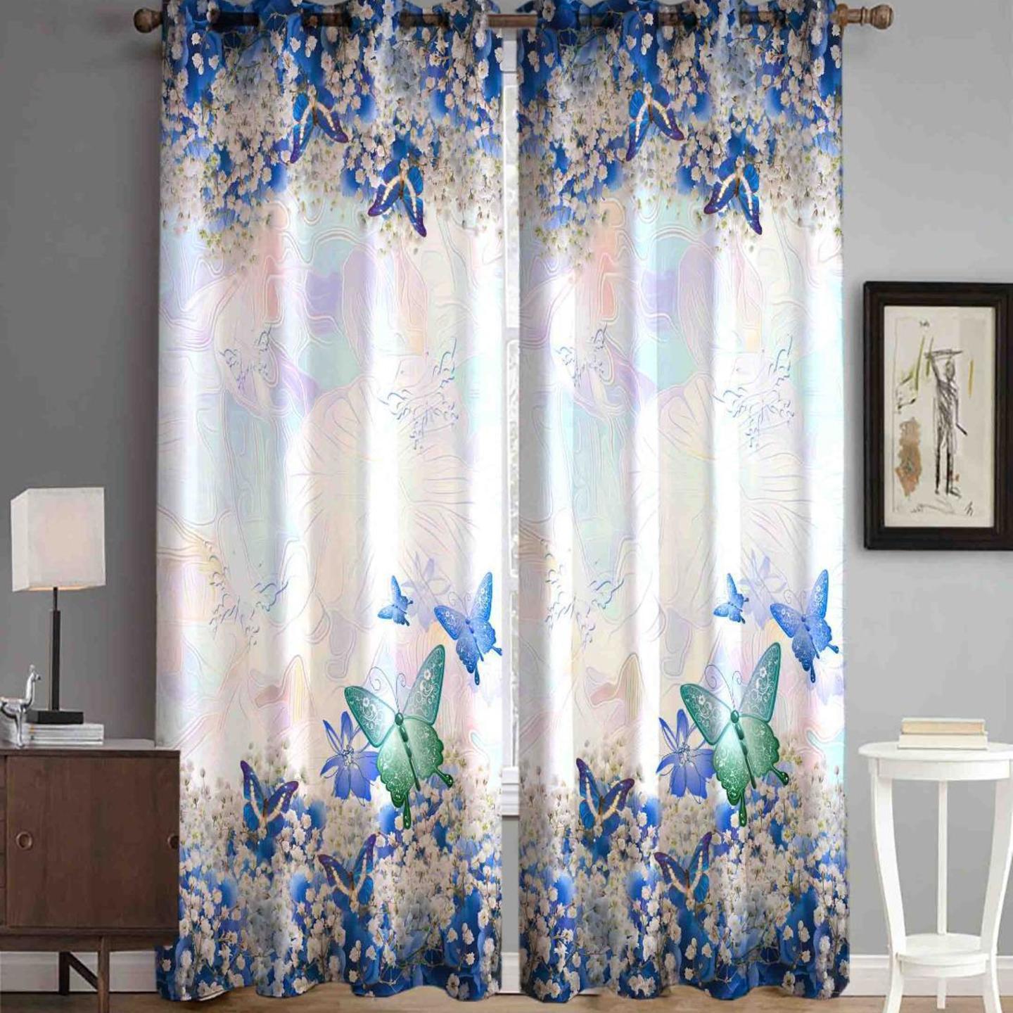 Handtex Home  Polyester Butterfly Digital Printed Curtain 4x7 Feet Multi Colour Set of 2 Pc Curtain
