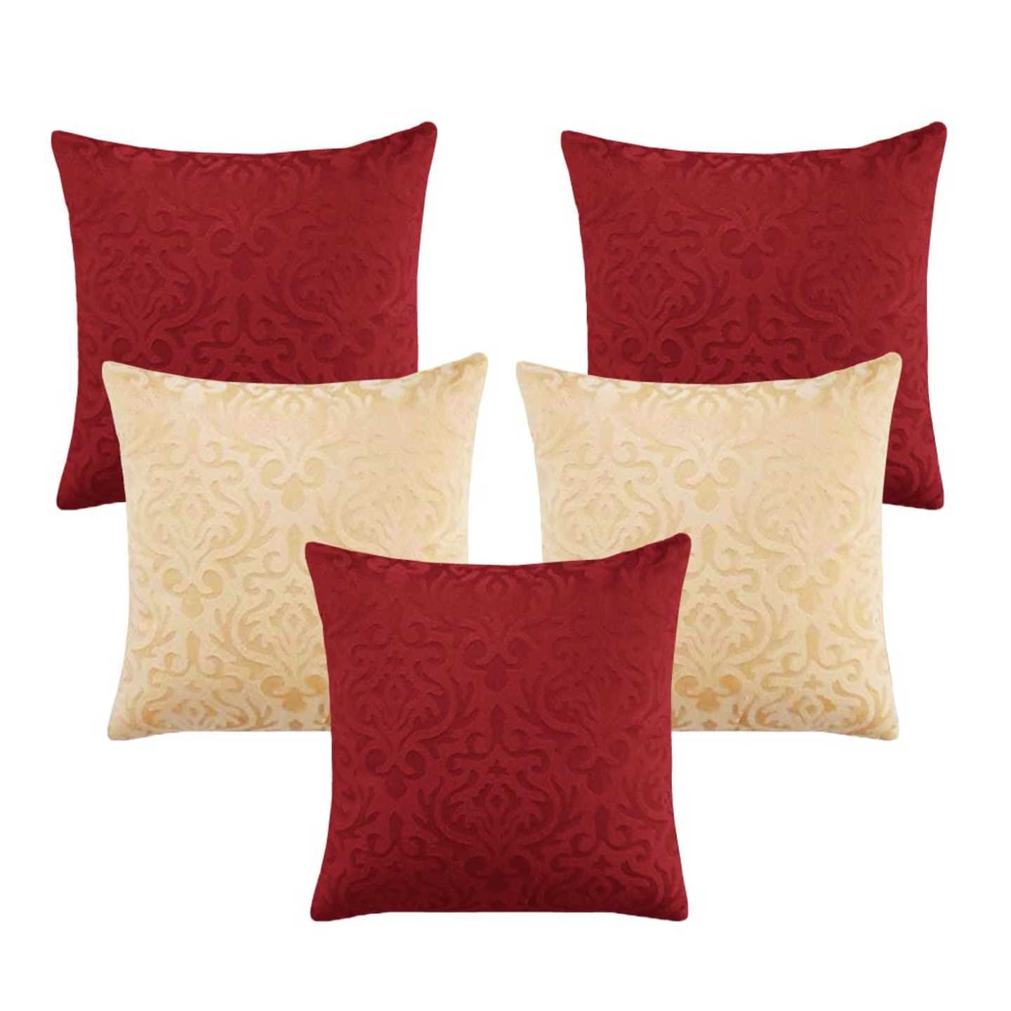 Handtex Home Velvet Cushion Covers 40.64x40.64 cm16x16 inches, Multicolour - Set of 5 Maroon - Beige