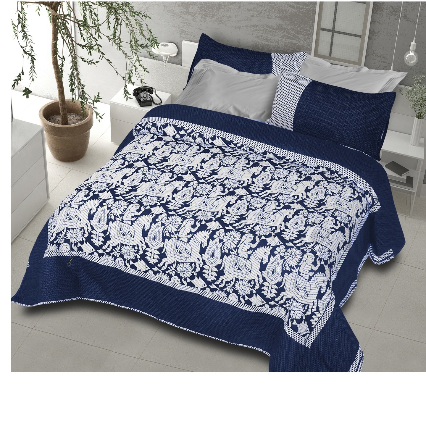 Handtex Home Jacquard design cotton double bedsheet 90x100 inch with 2 pillow cover Navy Blue