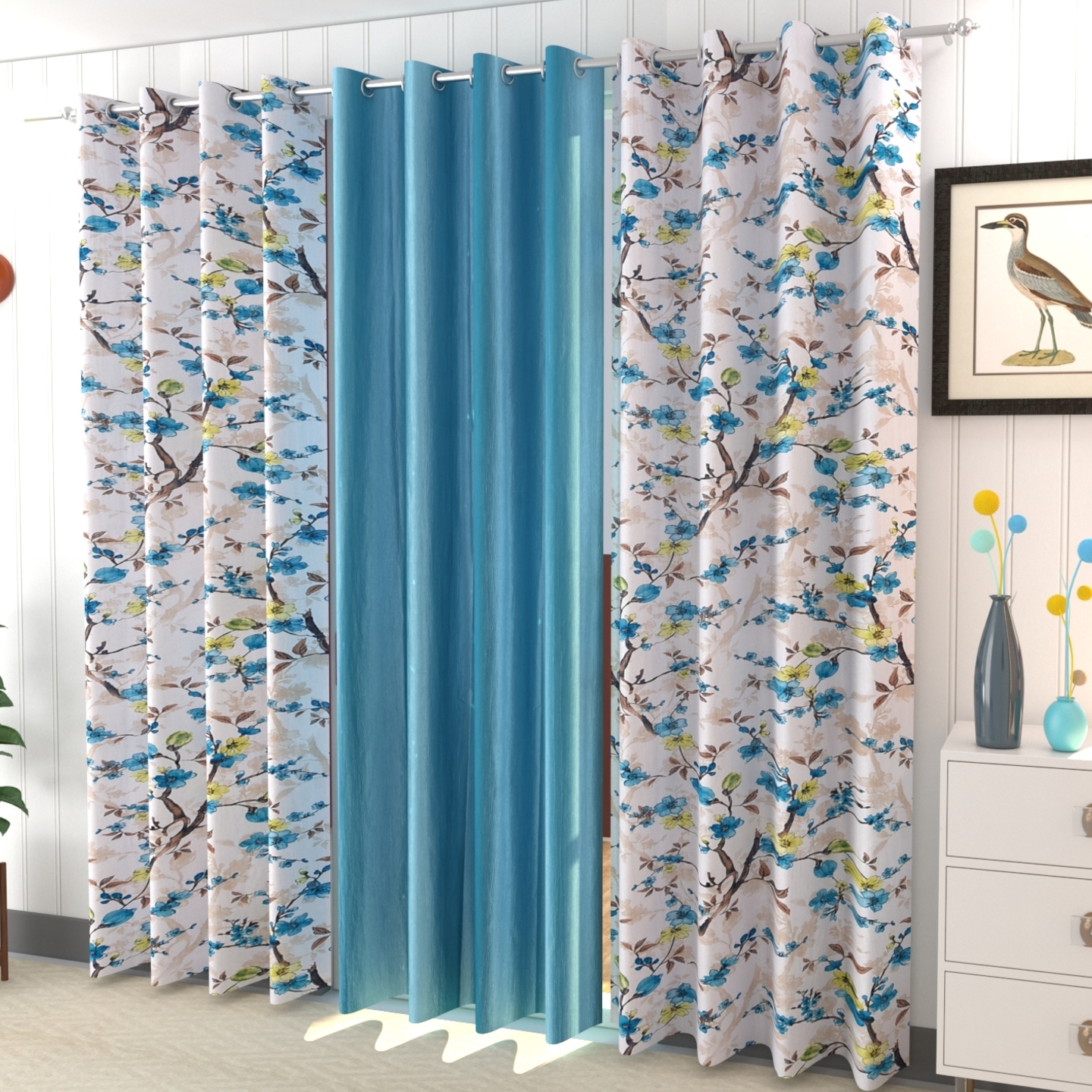 Handtex Home Polyester Digital Print Eyelet Curtain Set of 3 Pcs 4feet x 9feet Aqua