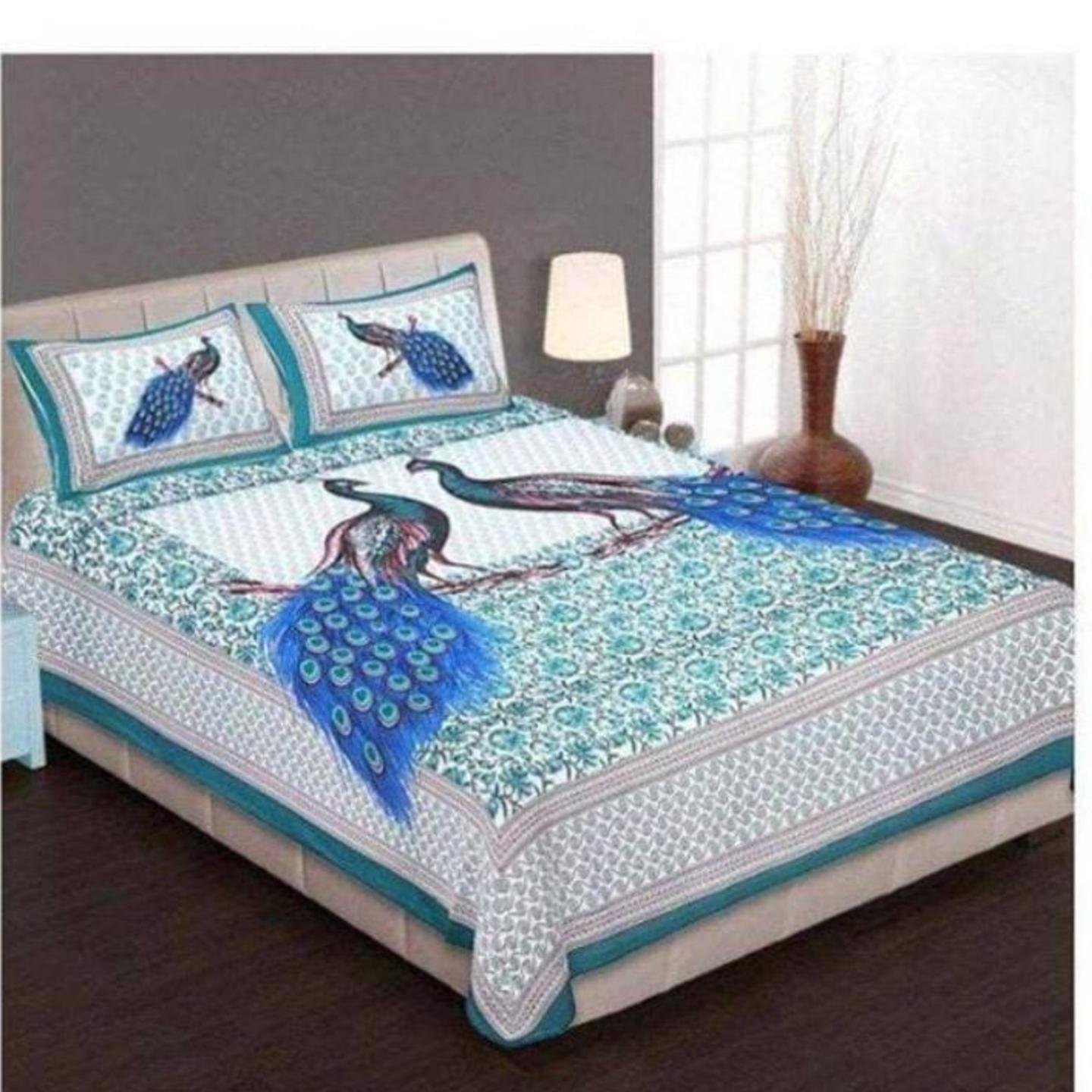Handtex Home Cotton Rajasthani Jaipuri Traditional Peacock Printed Double Bed Bedsheet with 2 Pillow Covers 