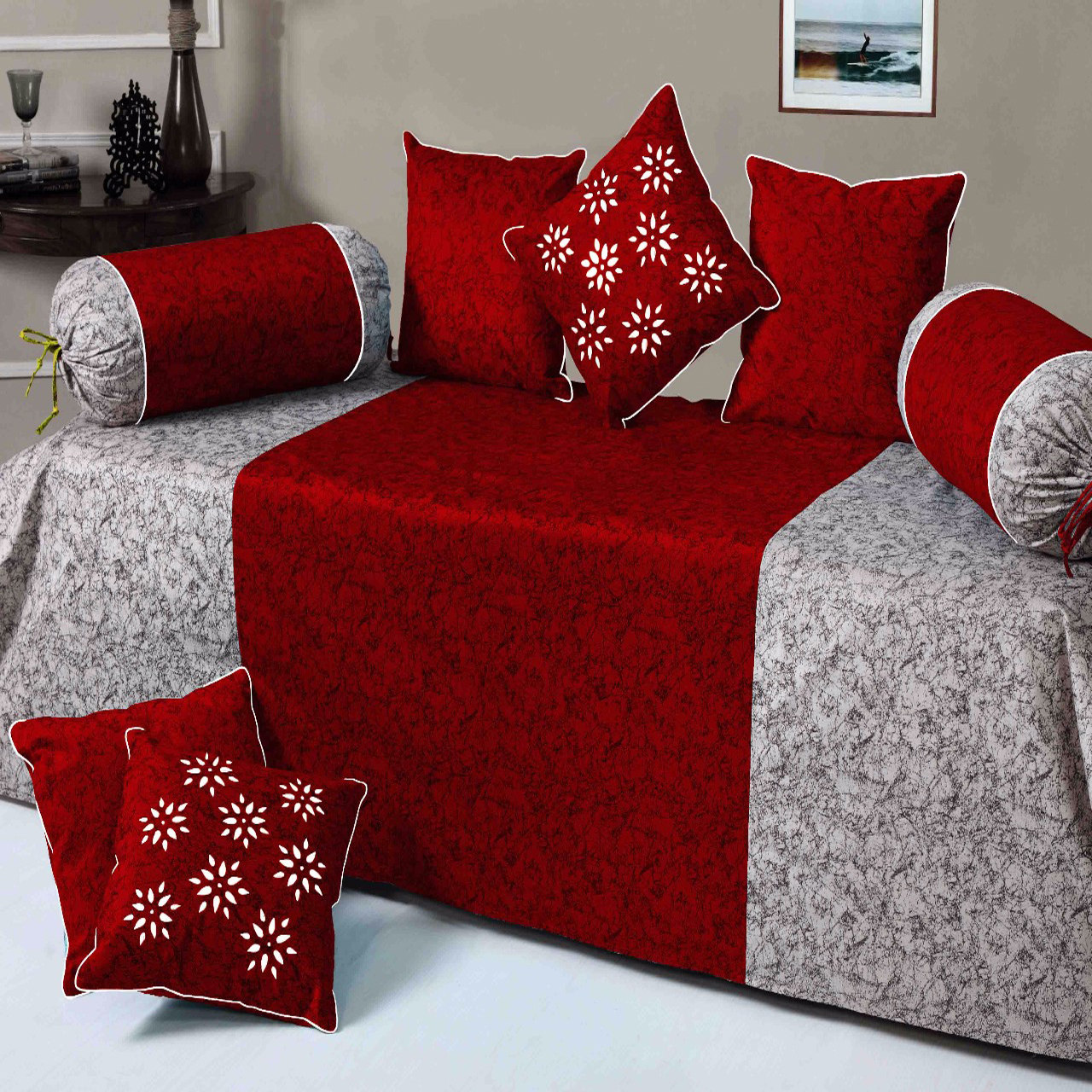 HandTex Home Red & Grey Color Designer Velvet Diwan set 1 Single Bedsheet With 5 Cushion Covers and 2 Blosters Covers