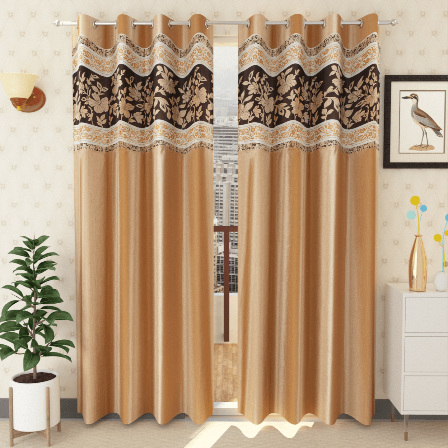 Handtex Home Patchwork curtain for door 9 feet set of 2pc Gold color