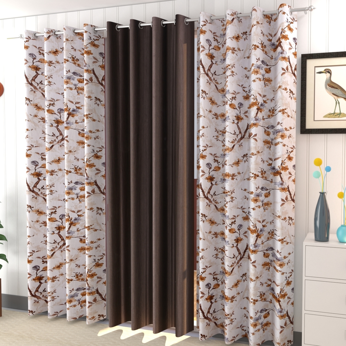 Handtex Home Polyester Digital Print Eyelet Curtain Set of 3 Pcs 4feet x 7feet Coffee
