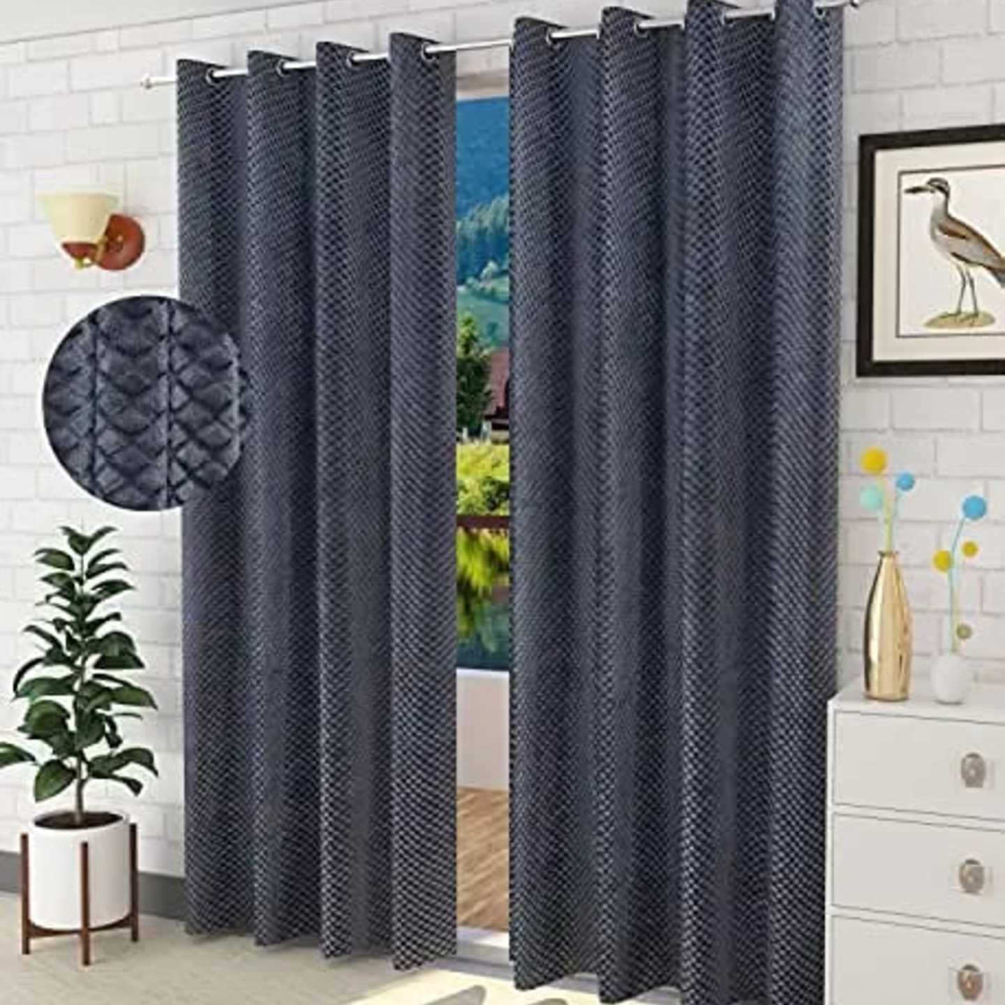 Handtex Home Heavy Velvet Room Darkening Self Design Blackout Curtain 4x7 feet Set of 2 Grey