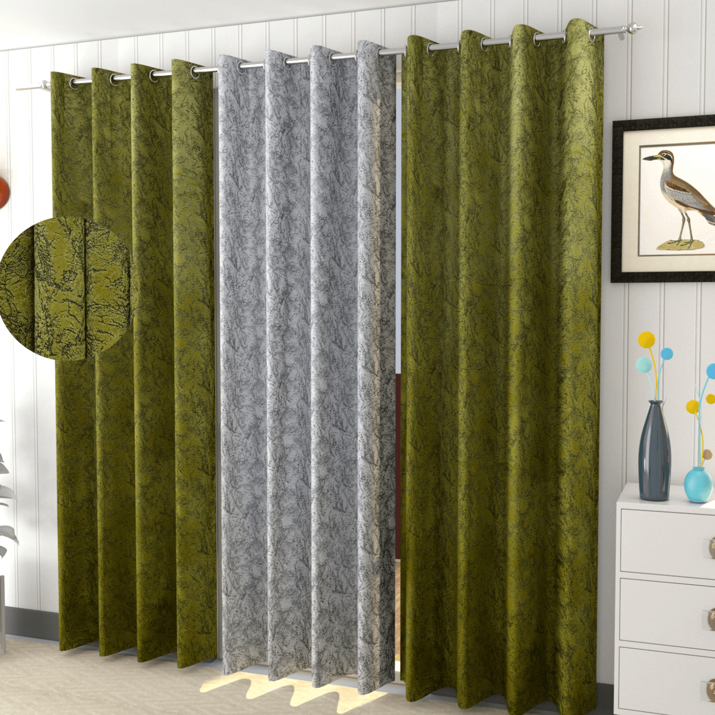 Handtex Home texture print 2pc Green 1pc white Velvet Set of 3 Door Curtain 4 feet x 7 feet