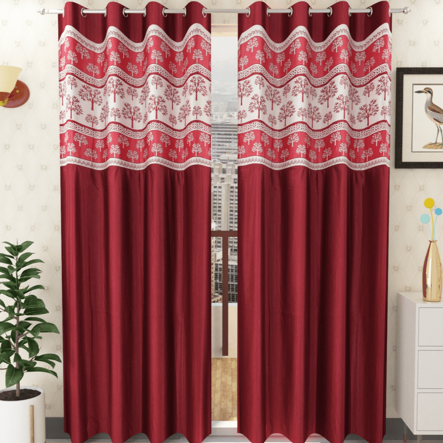 Handtex Home Tree design Patchwork curtain for door 7 feet set of 2pc Maroon color