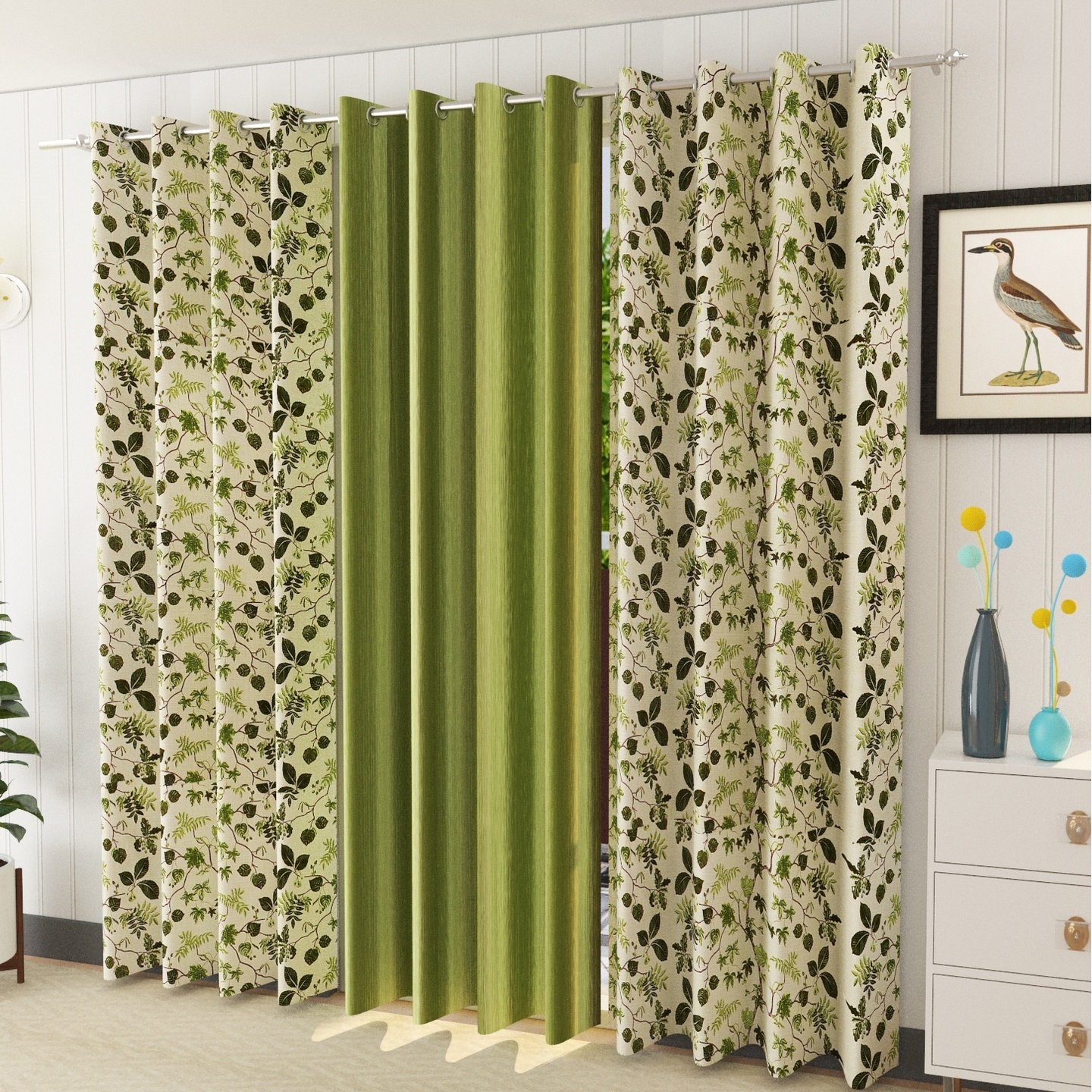 Handtex Home Plain Solid and Leaf Design Digital Printed Heavy Long Crush Polyester Fabric Eyelets Curtains , Combo of 3 , for Living Room & Bedroom  Set of 3  Coffee, 4 FEET X 9FEET