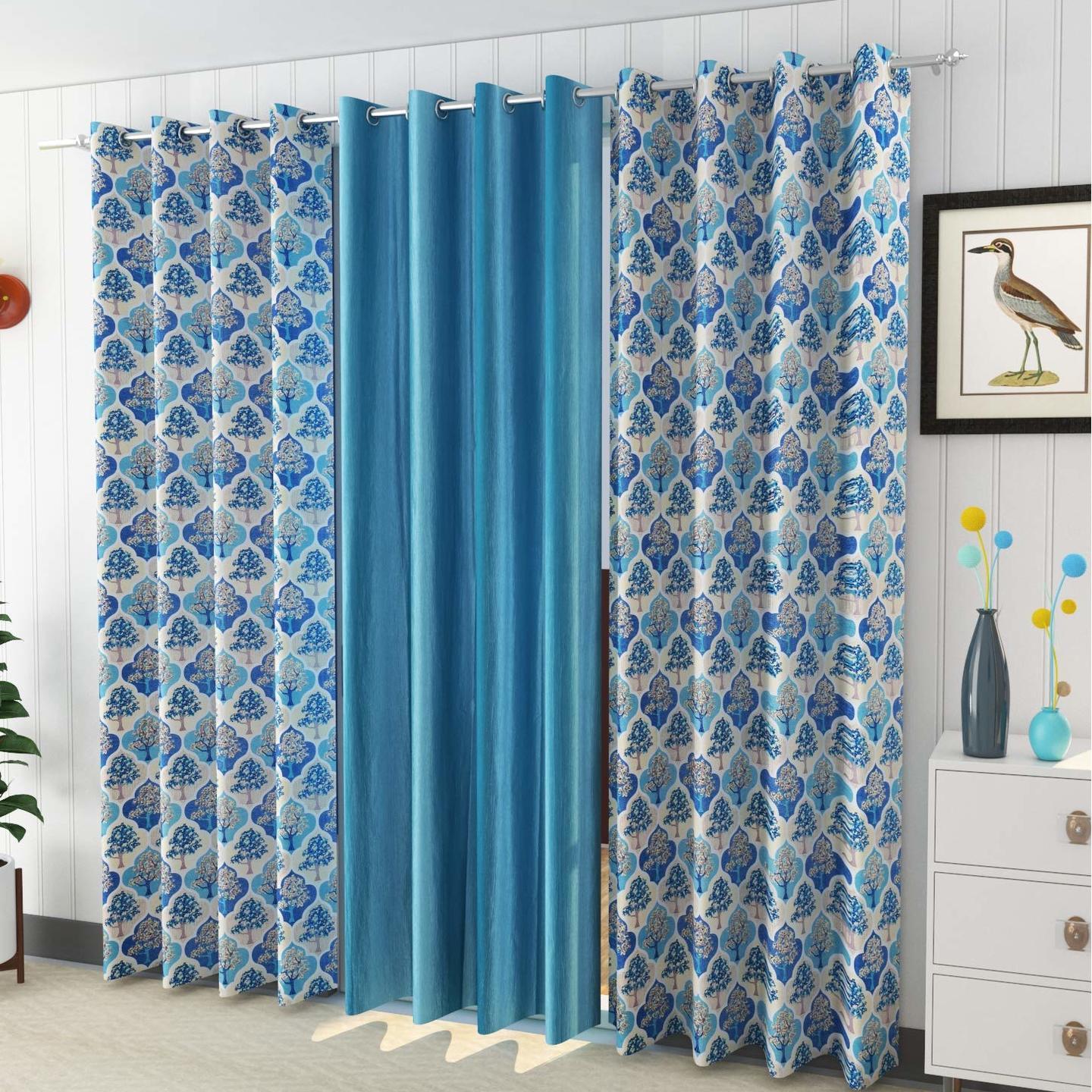 Handtex Home Curtains Polyester Tree Printed Set of 3 Pcs Aqua (2Tree+1 Plain) Size for Door 4 Feet x 7 Feet