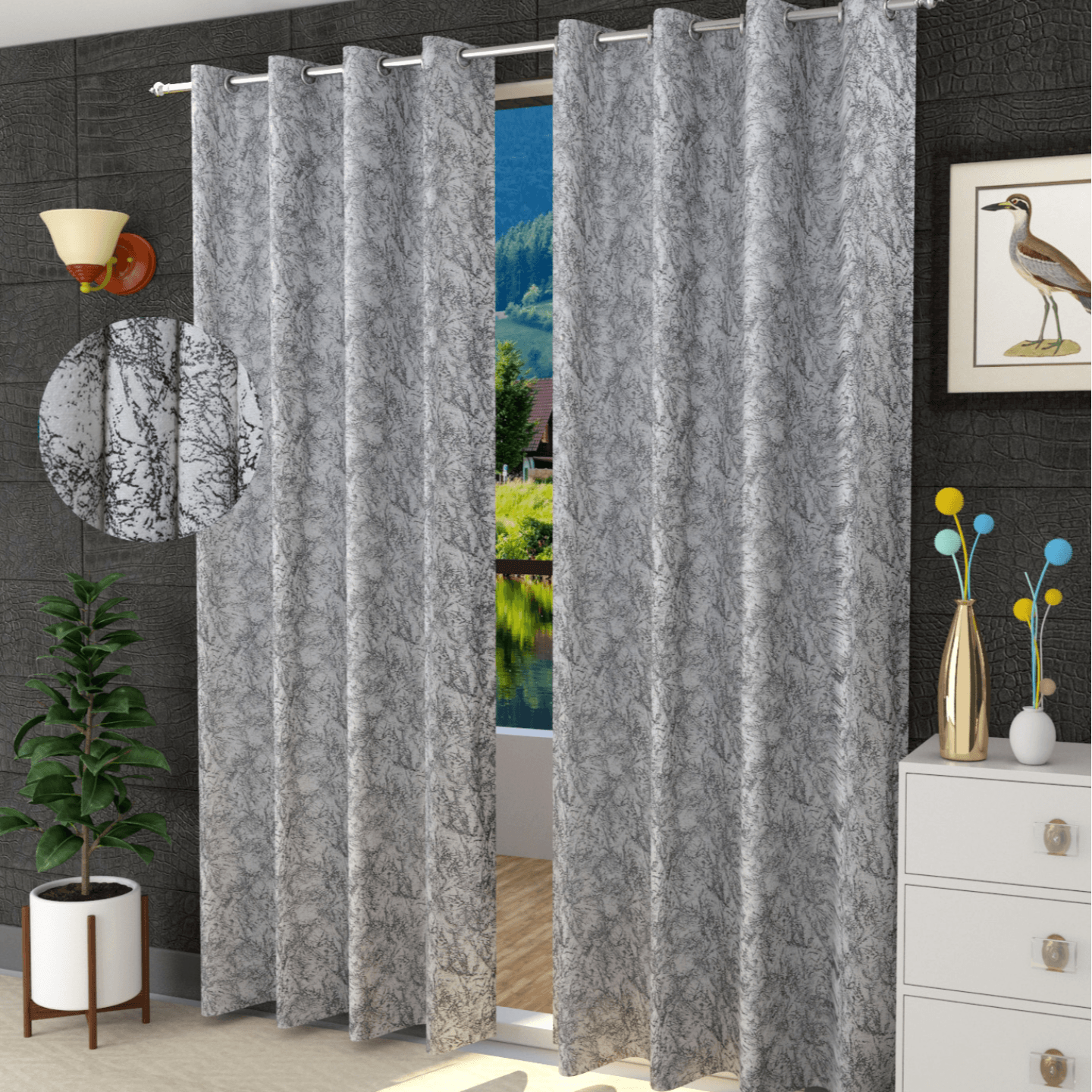 Handtex Home texture print base white black texture Velvet Set of 2 Door Curtain 4ft x 9ft