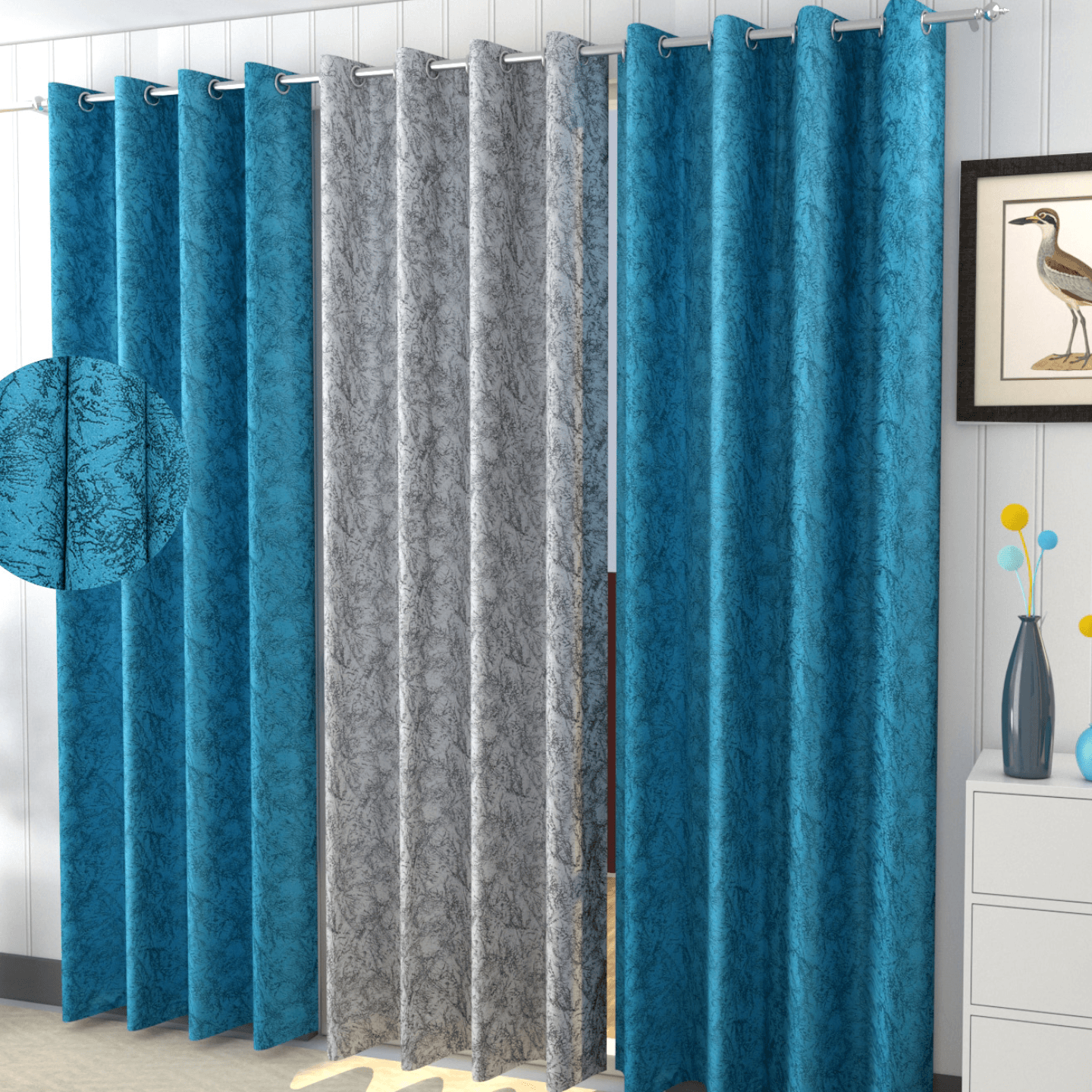 Handtex Home texture print Blue White Velvet Set of 3 Door Curtain 4ft x9ft