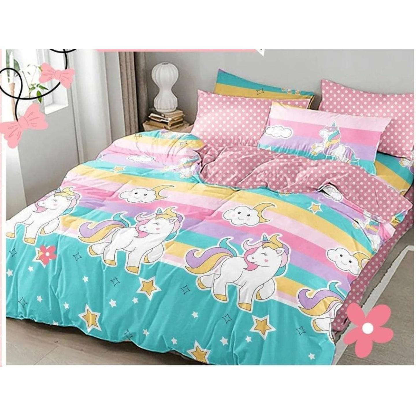 Handtex Home Glace Cotton Cartoon Printed Bedsheet with 2 Pillow Cover for Kids 90x100 Inch