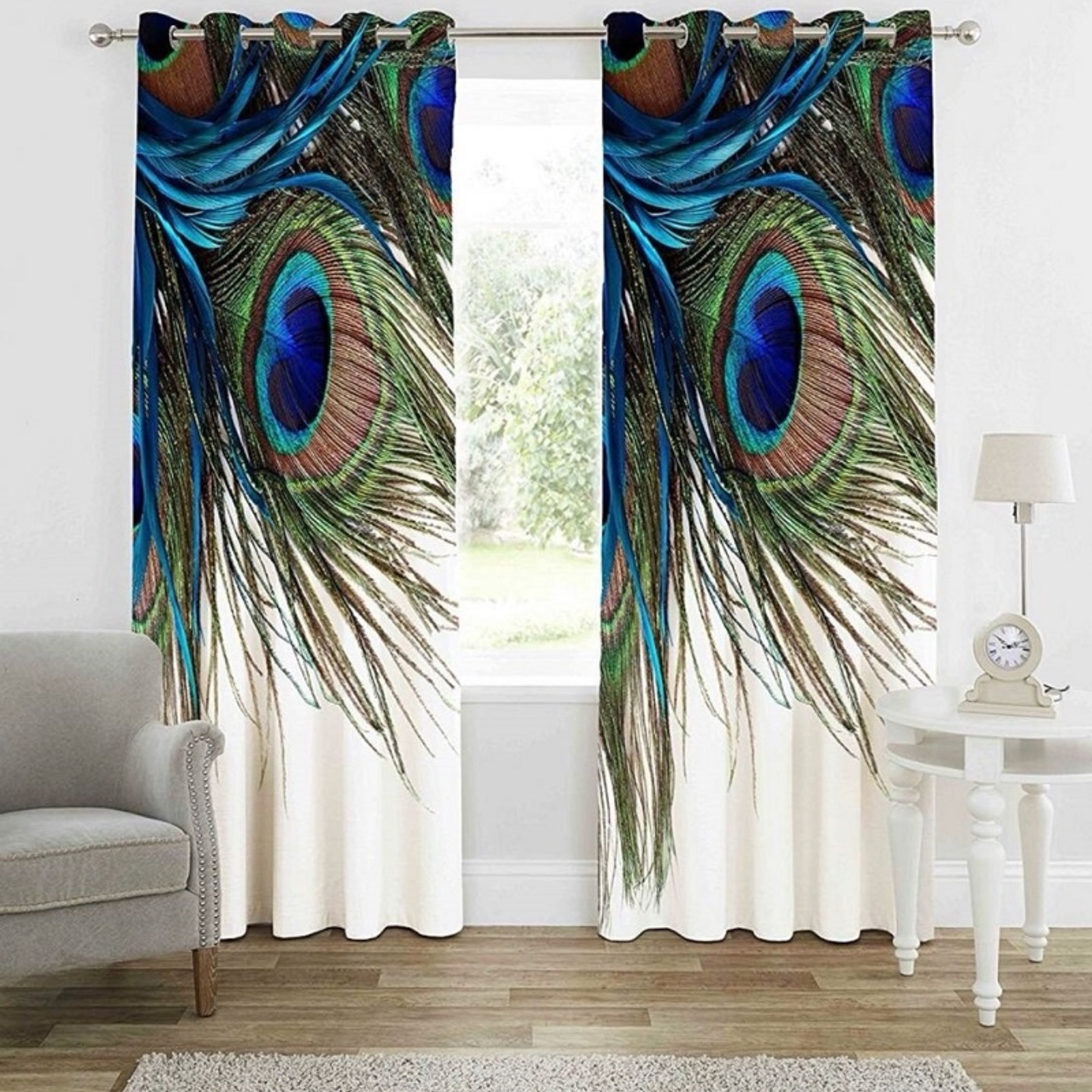 Handtex Home Polyester Digital Print Eyelet Curtain Long Door 4 x 9 Feet, Mor Pankh_Pack of 2