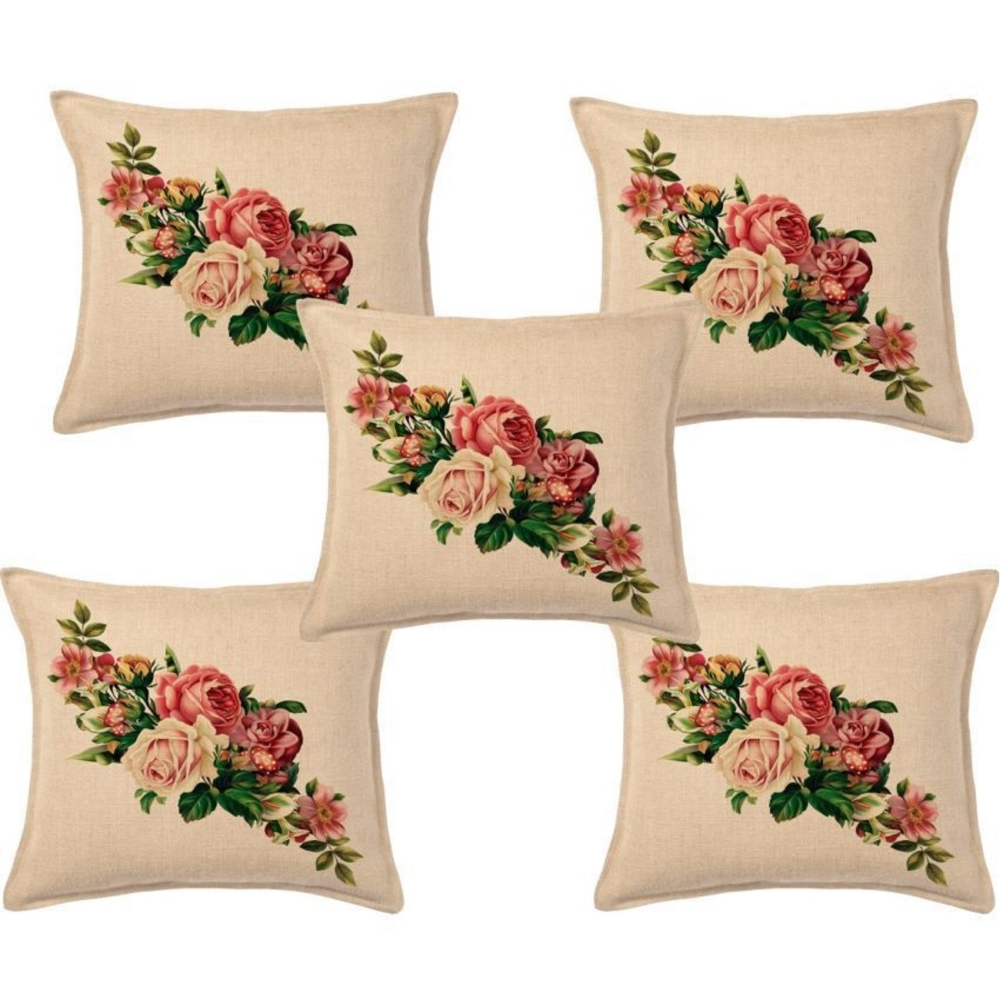 Handtex Home Jute Fabric Printed Cushion Covers, Set of 5, 16 x 16 inch (40.6 x 40.6 cm)