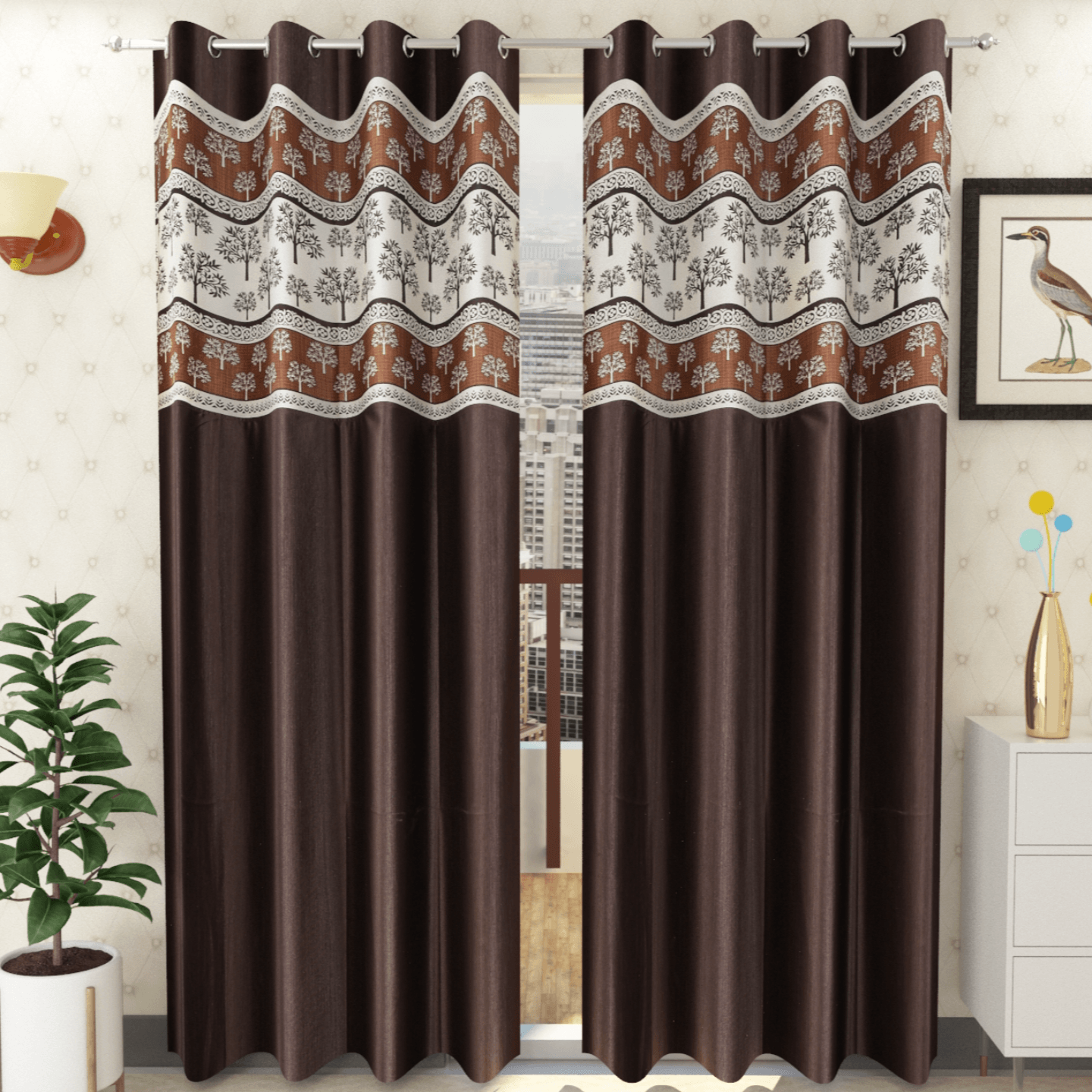 Handtex Home Tree design Patchwork curtain for door 9 feet set of 2pc Coffee color