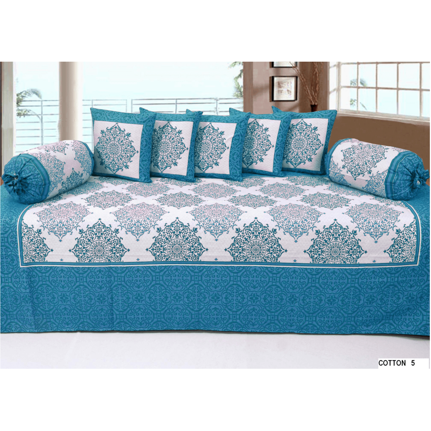 Handtex Home Heavy Cotton Diwan Set-8PC1 Single Bedsheet,2 Blosters & 5 Cushion Covers Blue