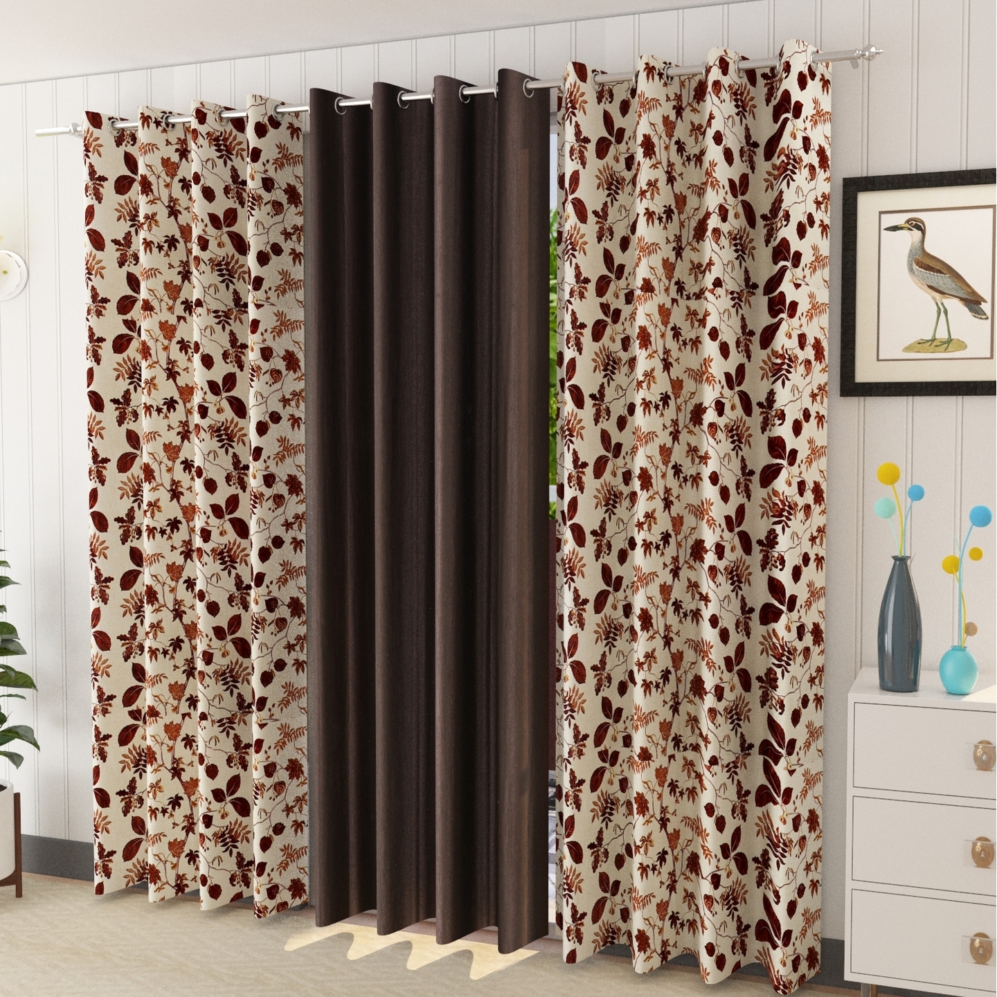 Handtex Home Plain Solid and Leaf Design Digital Printed Heavy Long Crush Polyester Fabric Eyelets Curtains , Combo of 3 , for Living Room & Bedroom ( Set of 3 ) (Coffee, 4 FEET X 9FEET